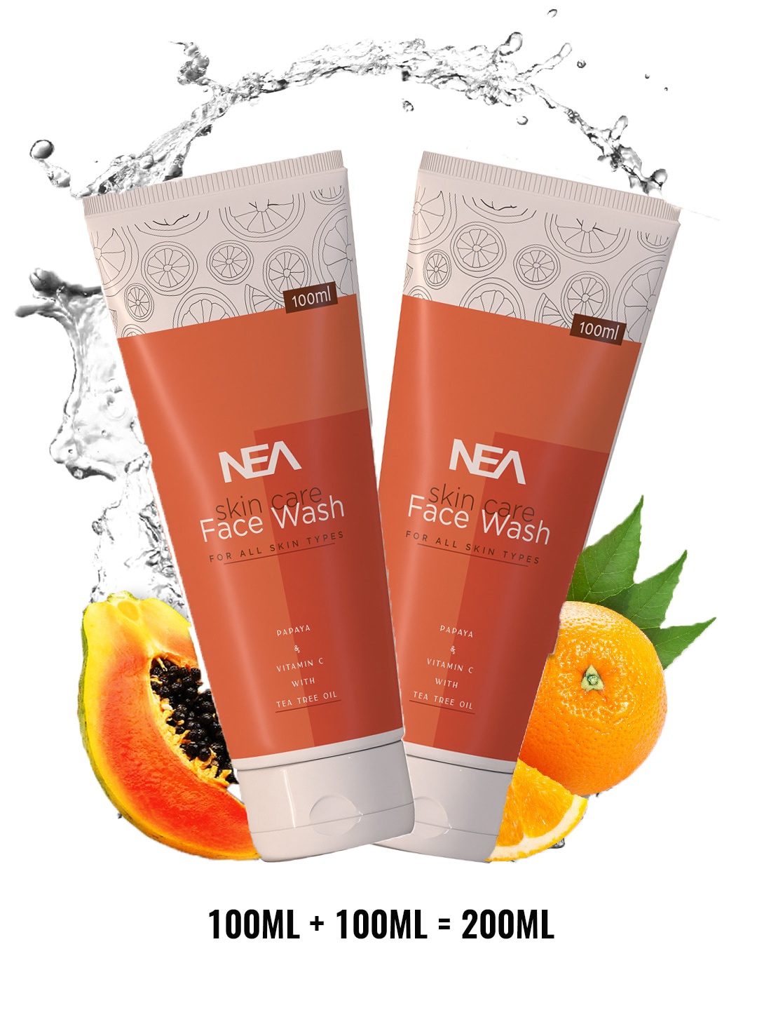 

NEA Set of 2 Papaya Skin Care Face Wash with Vitamin C & Tea Tree Oil - 100 ml Each, Orange