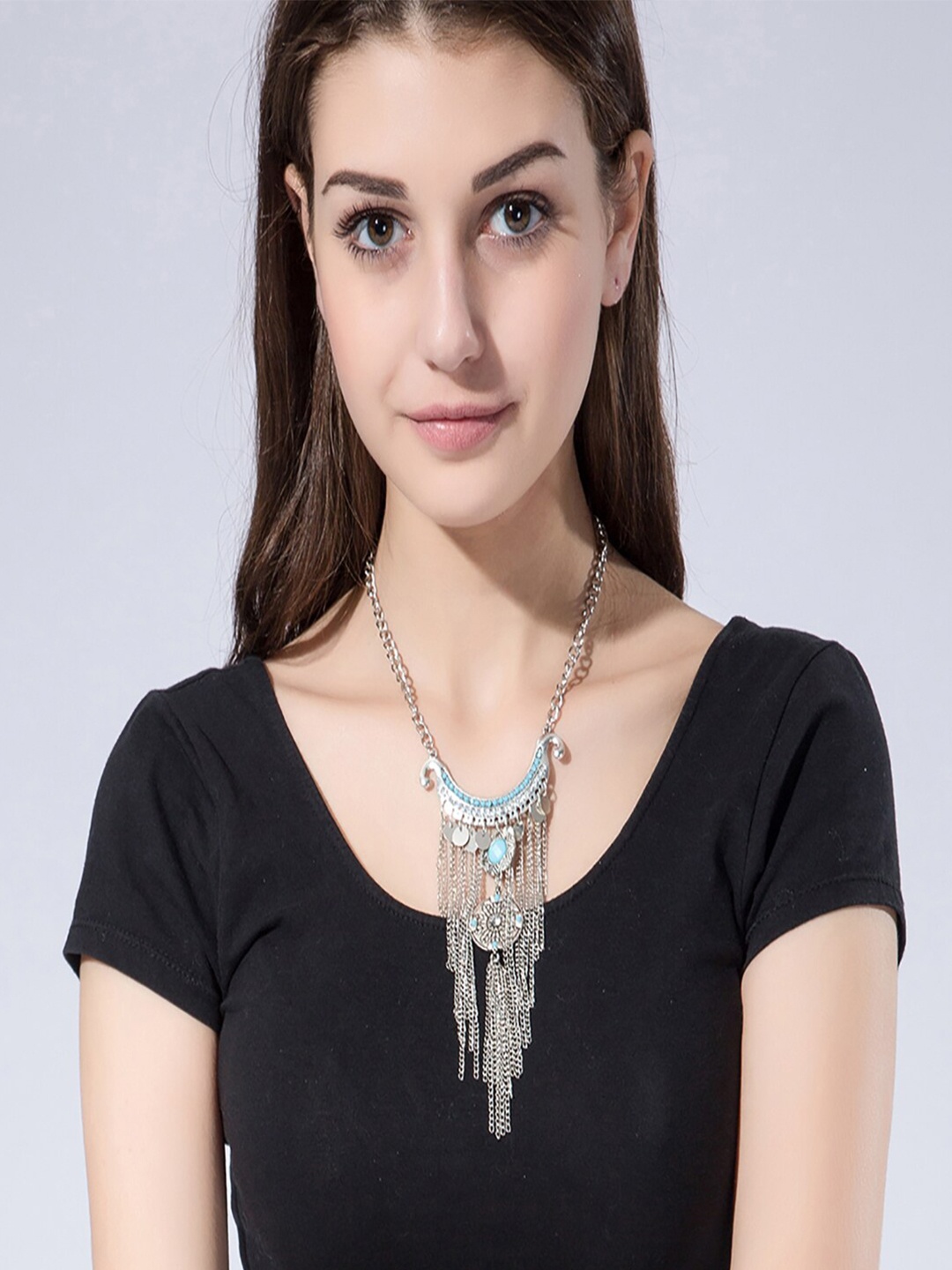 

AQUASTREET Silver-Toned & Blue Silver-Plated Afghan Necklace