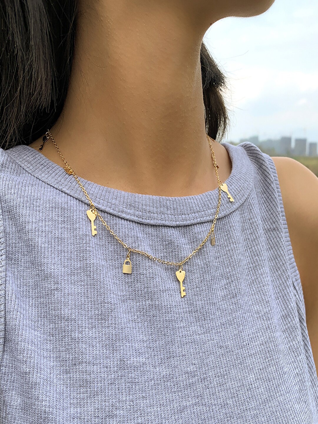 

AQUASTREET Gold-Plated Lock & Key Charms Necklace, Silver