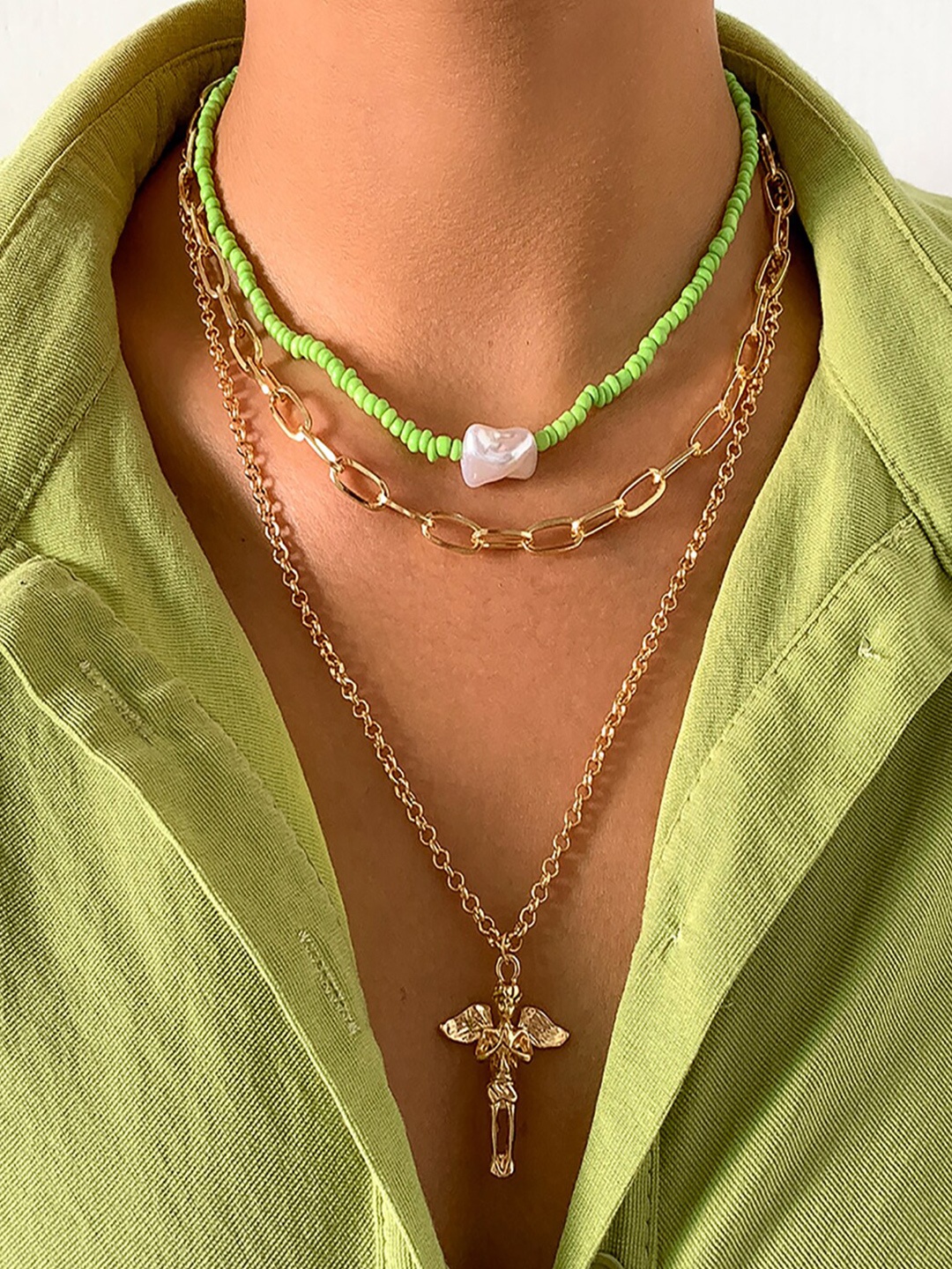 

AQUASTREET Gold-Plated & Green Beaded Layered Necklace