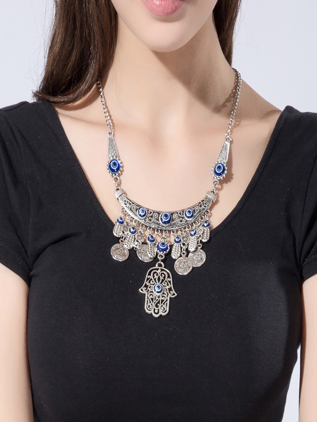 

AQUASTREET Oxidised Silver-Plated Blue Evil Eye Necklace