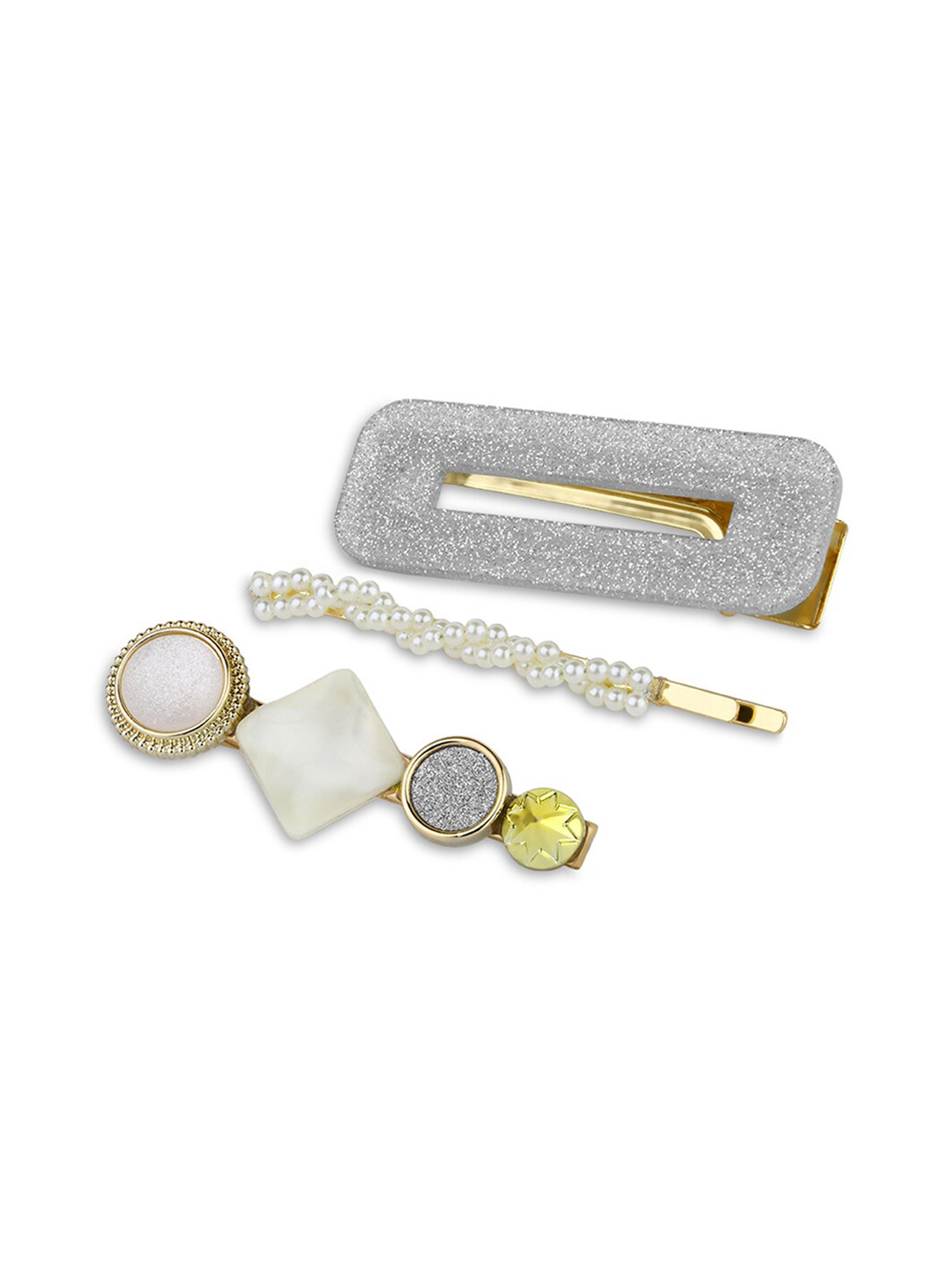 

Accessorize Women Set of 3 Silver-Toned & Gold-Toned Statement Glitter Hair Clips