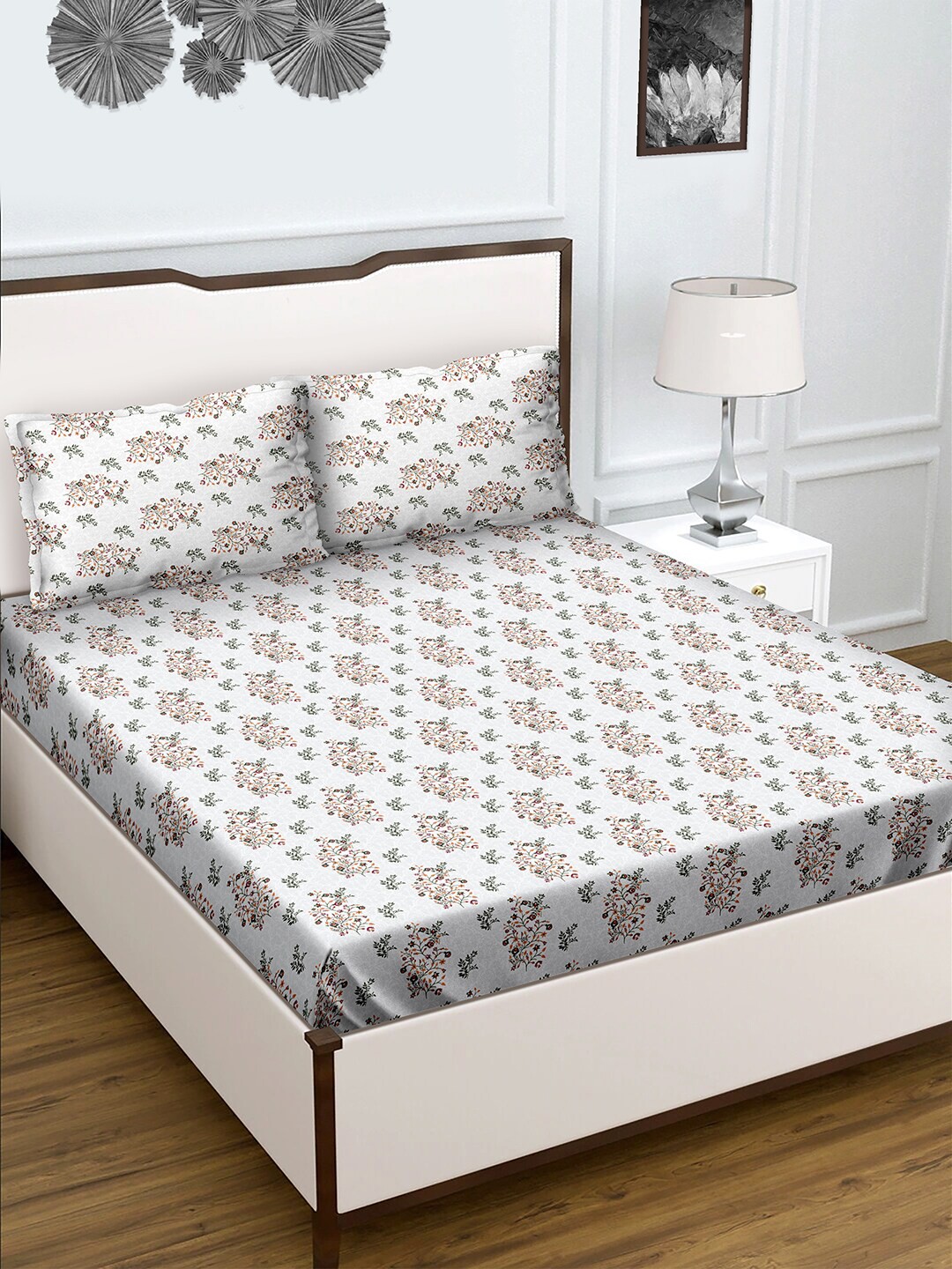 

BELLA CASA White & Grey Floral 180 TC King Cotton Bedsheet with 2 Pillow Covers