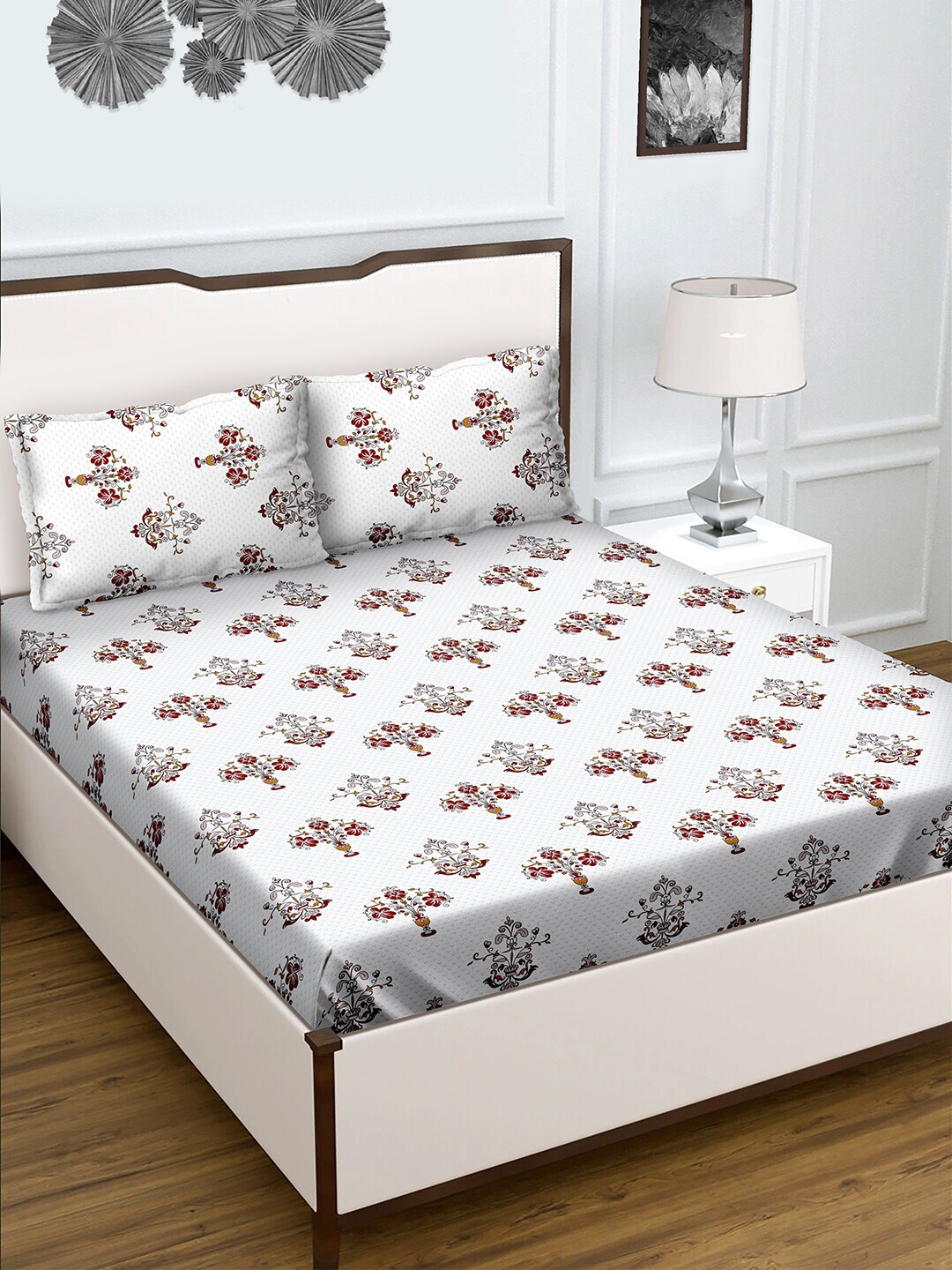 

BELLA CASA White & Brown Floral 180 TC King Bedsheet with 2 Pillow Covers