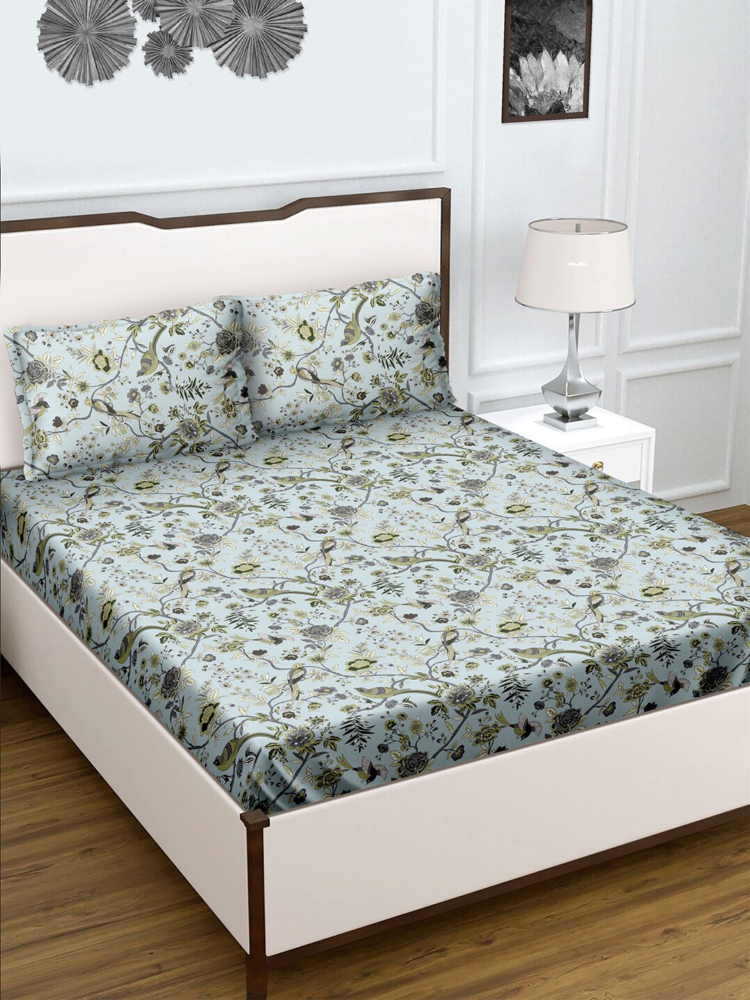 

BELLA CASA Blue & Green Floral 180 TC King Cotton Bedsheet with 2 Pillow Covers