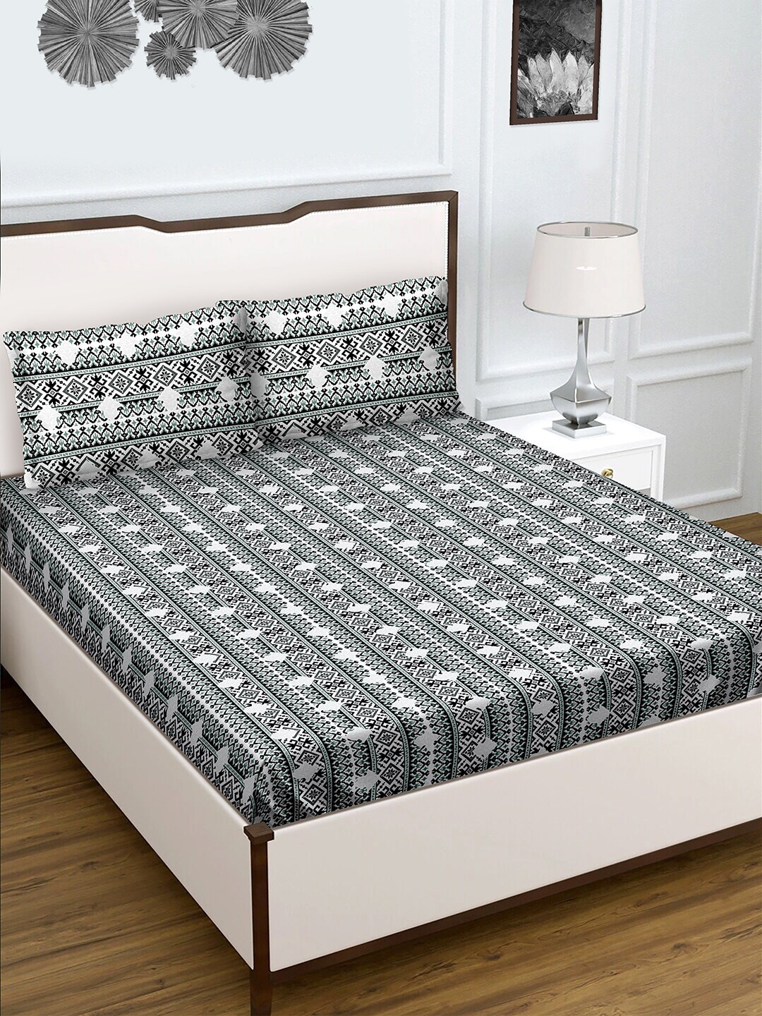 

BELLA CASA Grey & White 180 TC Cotton King Bedsheet with 2 Pillow Covers