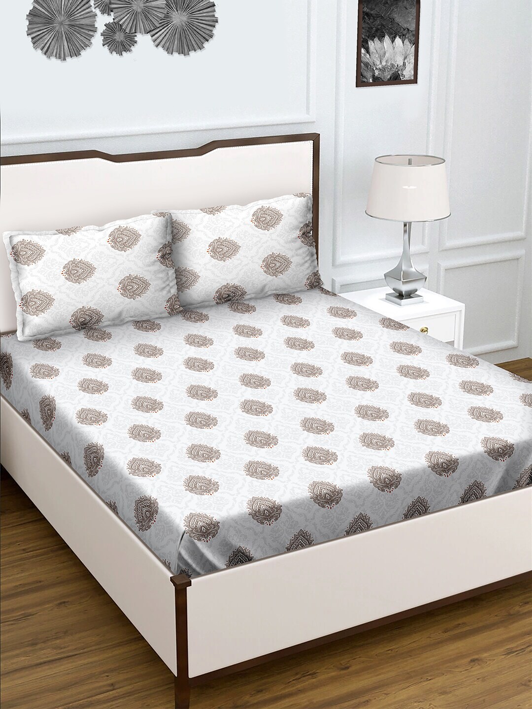 

BELLA CASA Brown & White Floral 180 TC King Cotton Bedsheet with 2 Pillow Covers