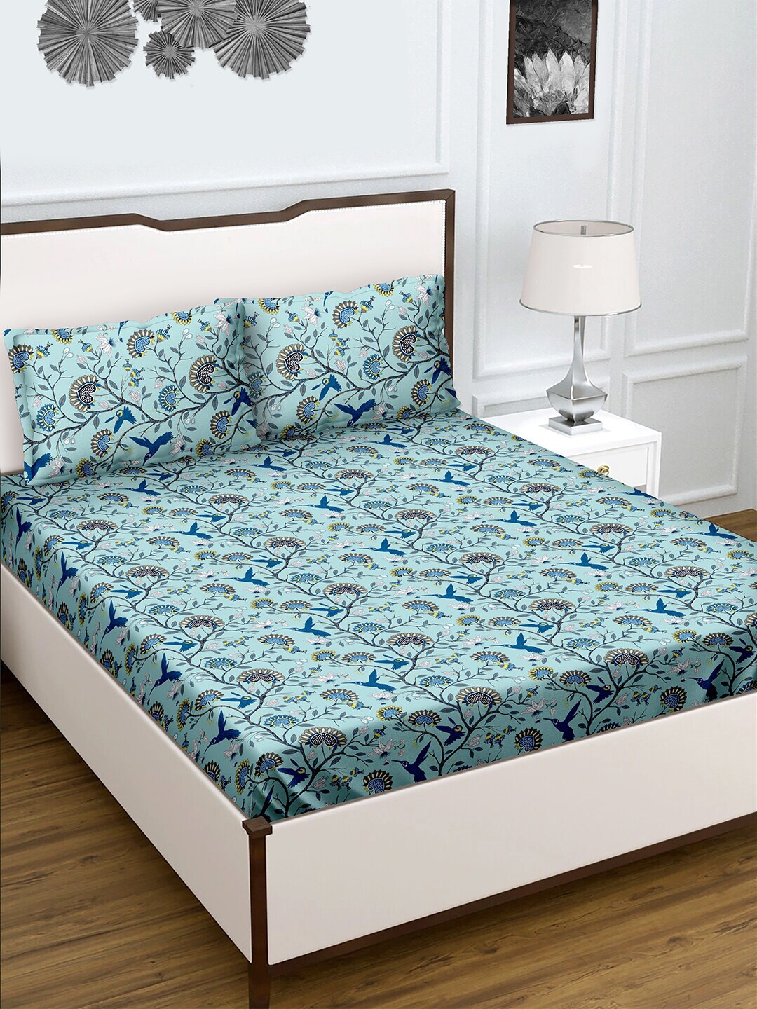 

BELLA CASA Teal & Blue Floral 180 TC King Bedsheet with 2 Pillow Covers