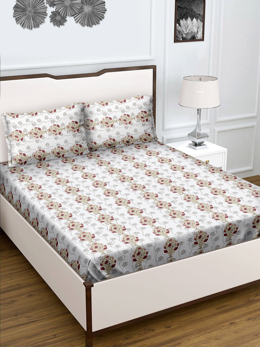 

BELLA CASA White & Brown Floral 180 TC King Bedsheet with 2 Pillow Covers