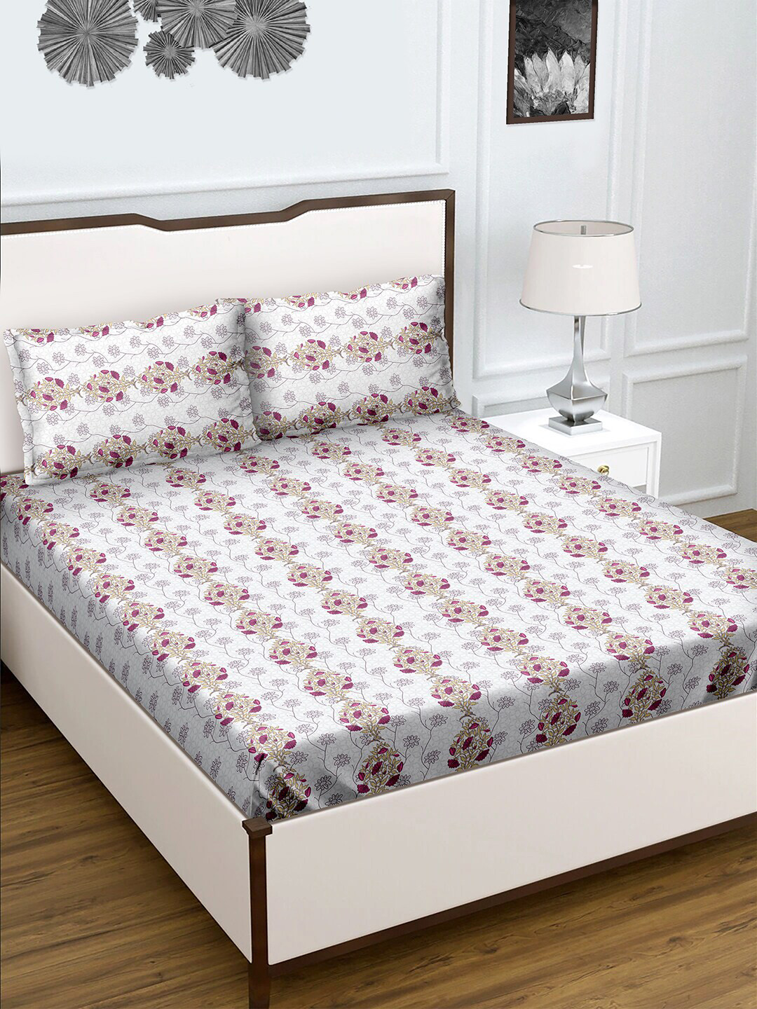 

BELLA CASA Grey Floral 180 TC King Bedsheet with 2 Pillow Covers