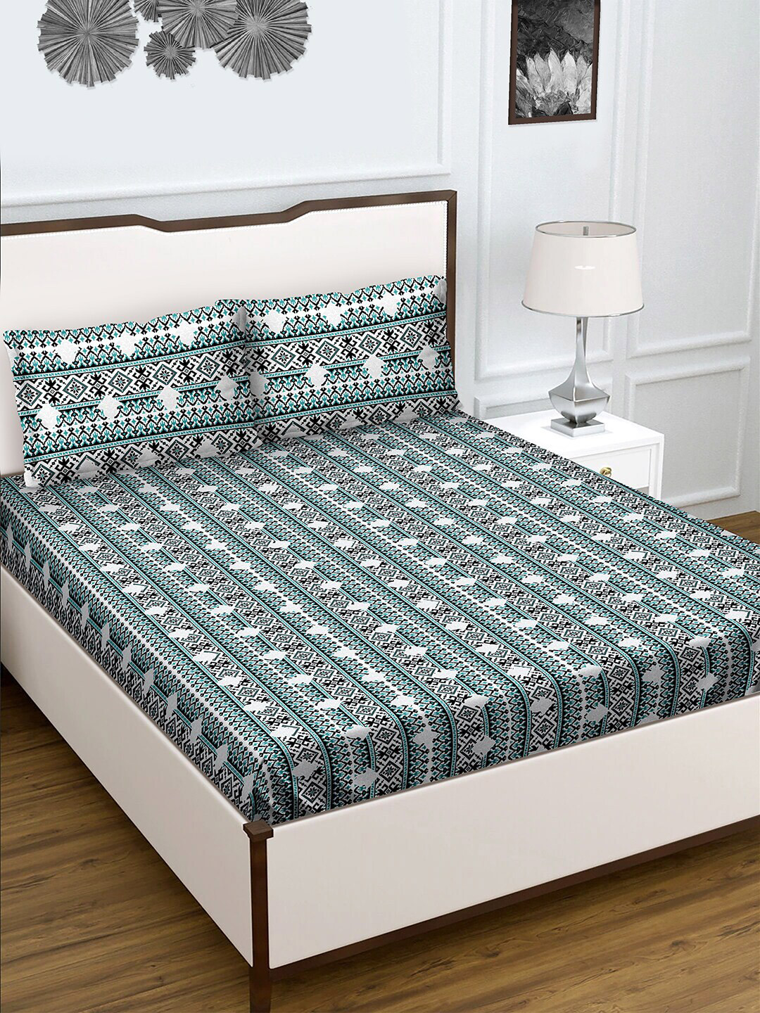 

BELLA CASA Teal & White 180 TC King Bedsheet with 2 Pillow Covers