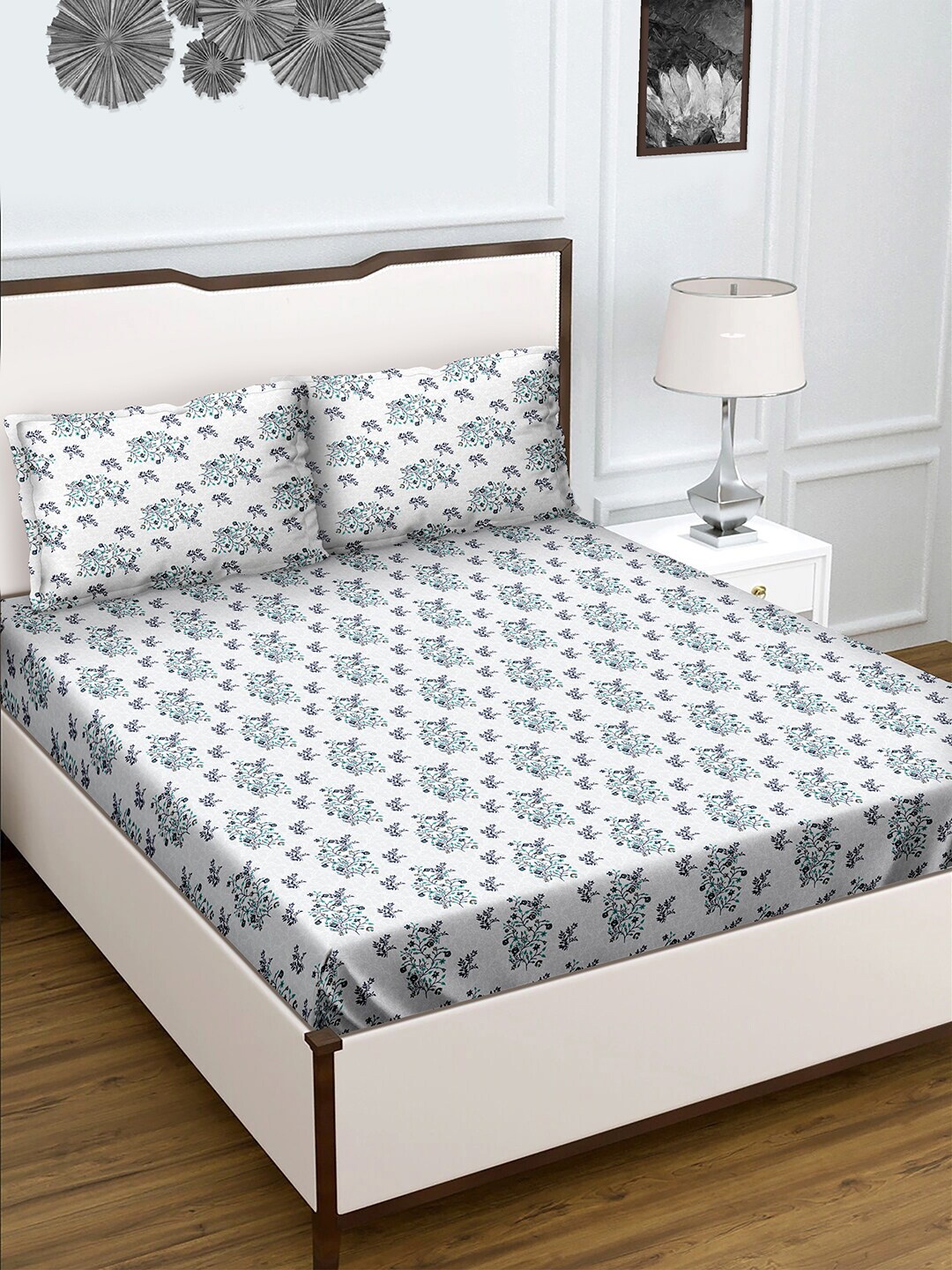 

BELLA CASA Teal & White Floral 180 TC King Bedsheet with 2 Pillow Covers