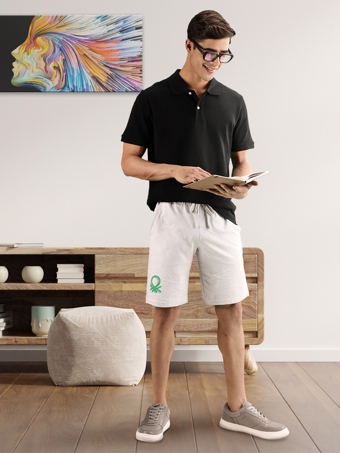 

United Colors of Benetton Men Grey Melange Brand Logo Printed Pure Cotton Shorts