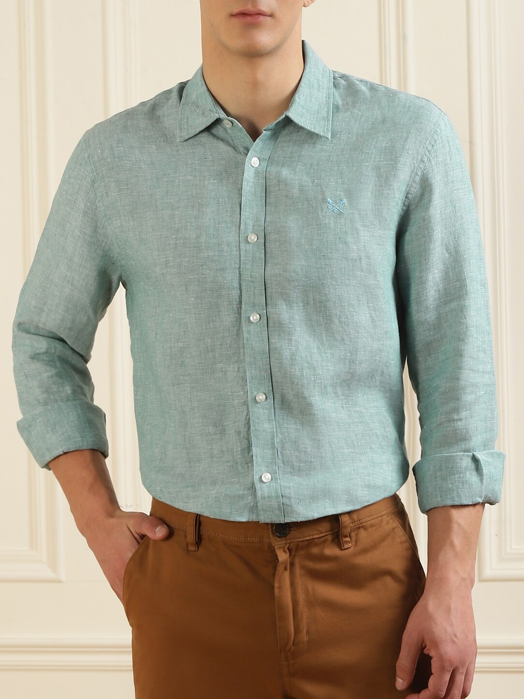 

Crew Clothing Men Green Slim Fit Linen Casual Shirt