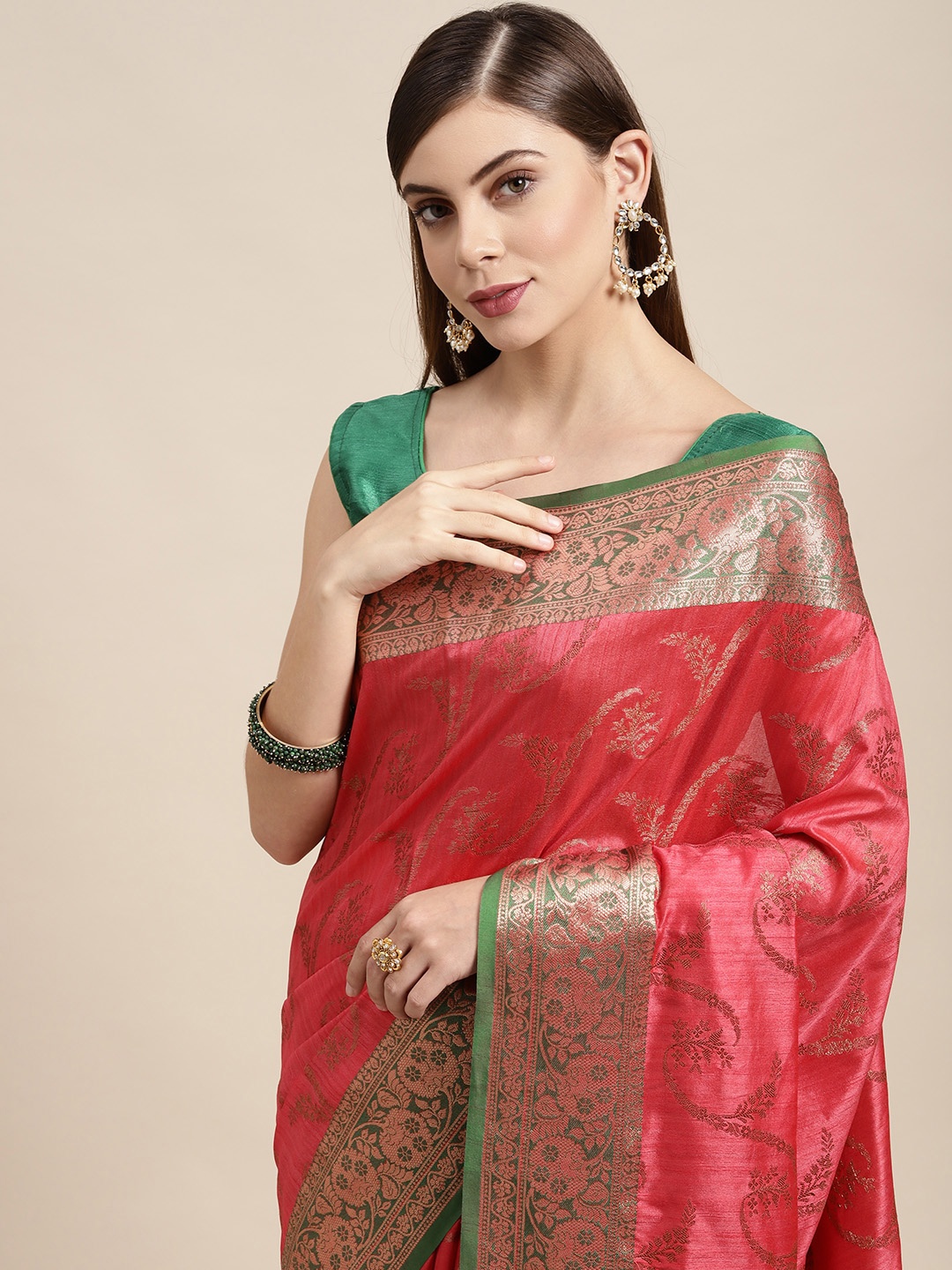 

SANGAM PRINTS Pink & Green Woven Design Silk Blend Saree