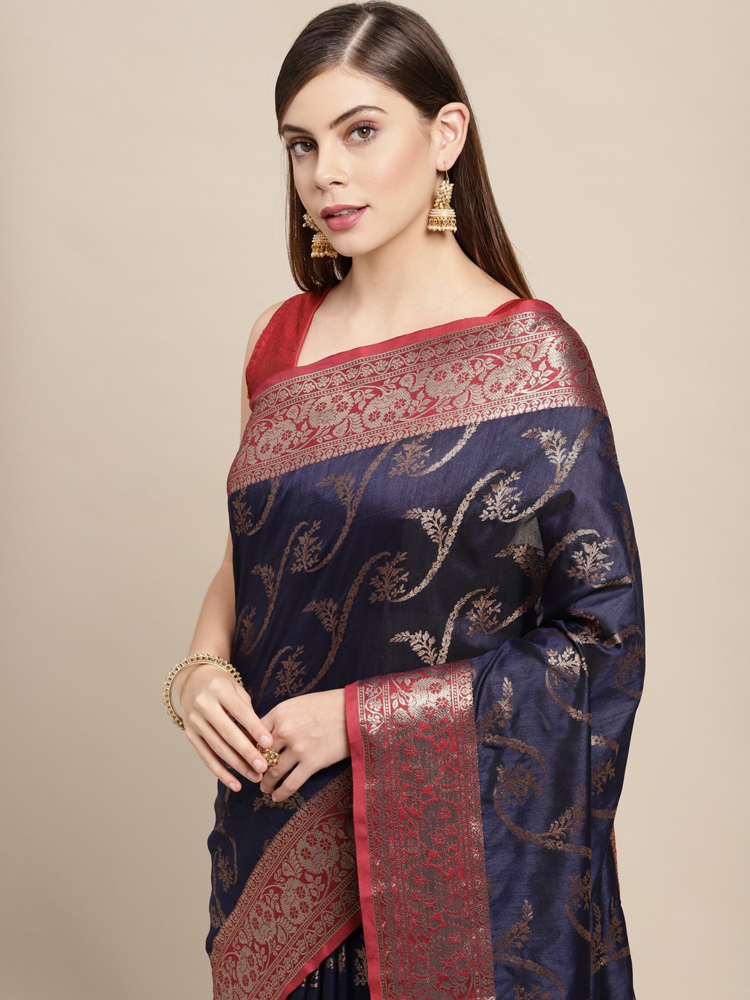 

SANGAM PRINTS Navy Blue & Red Woven Design Zari Saree