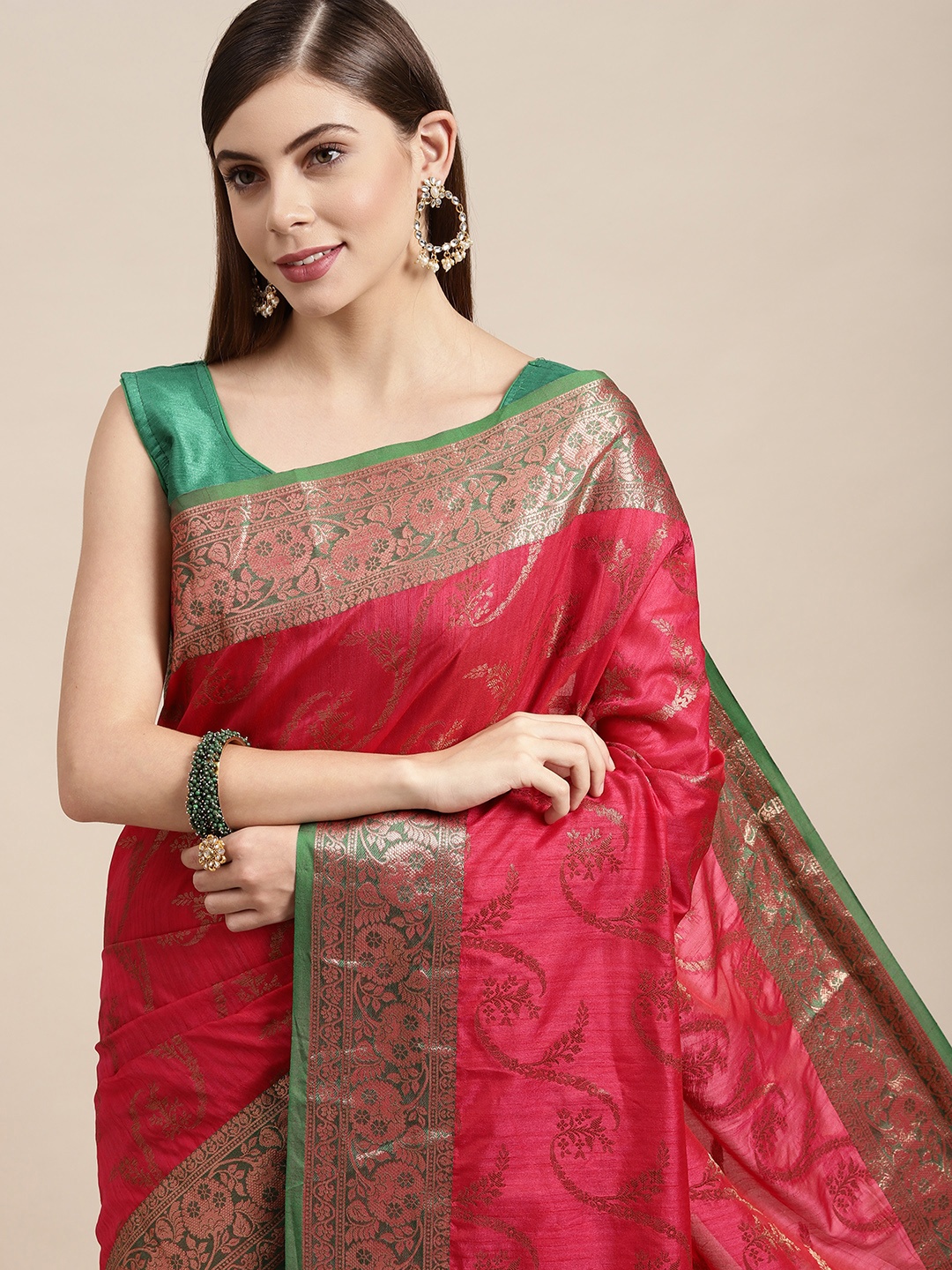 

SANGAM PRINTS Coral Red Woven Design Silk Blend Saree