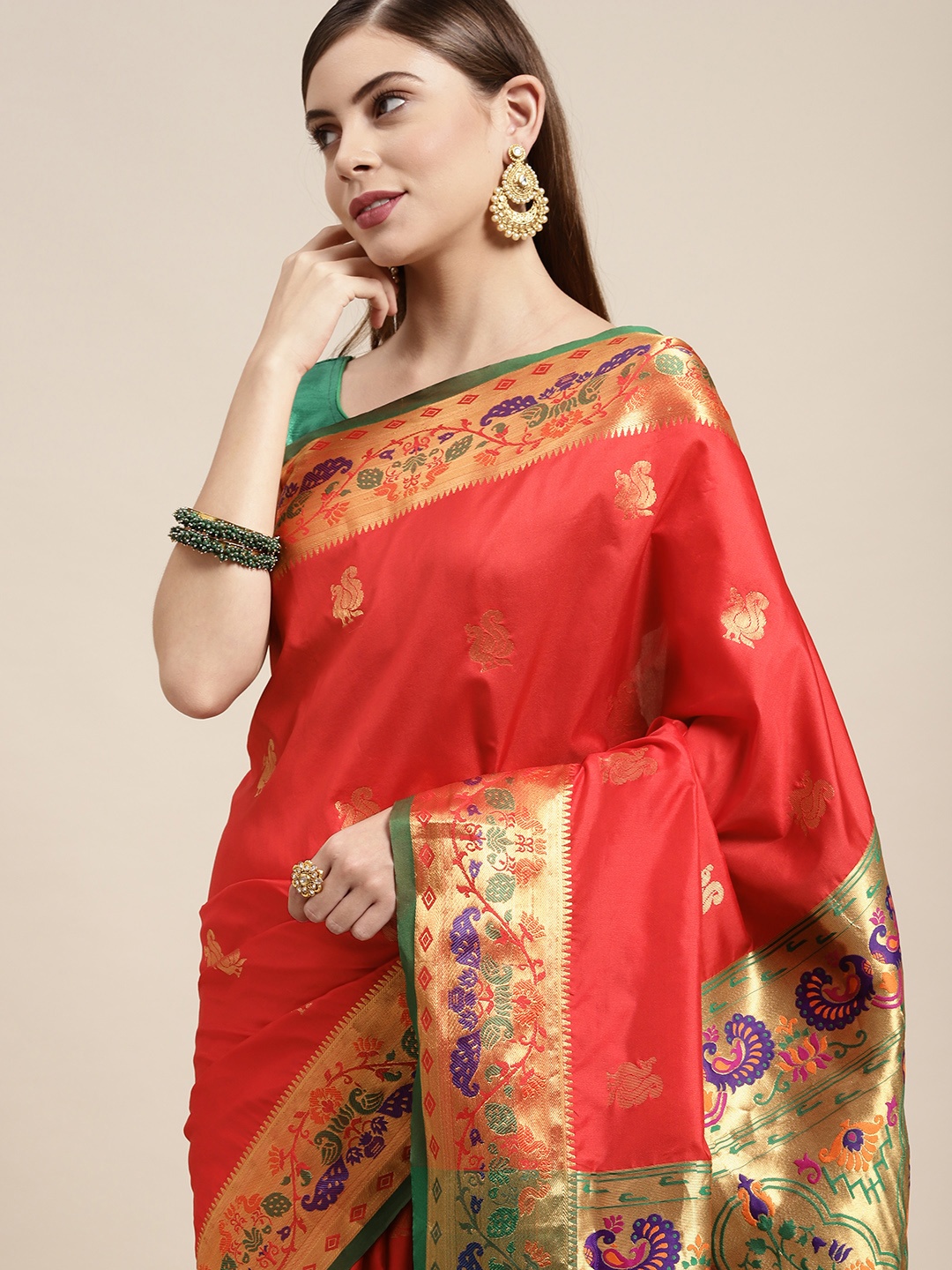 

SANGAM PRINTS Red & Green Woven Design Pure Silk Saree