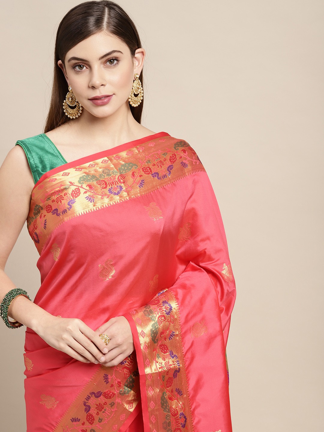 

SANGAM PRINTS Pink Woven Design Pure Silk Saree
