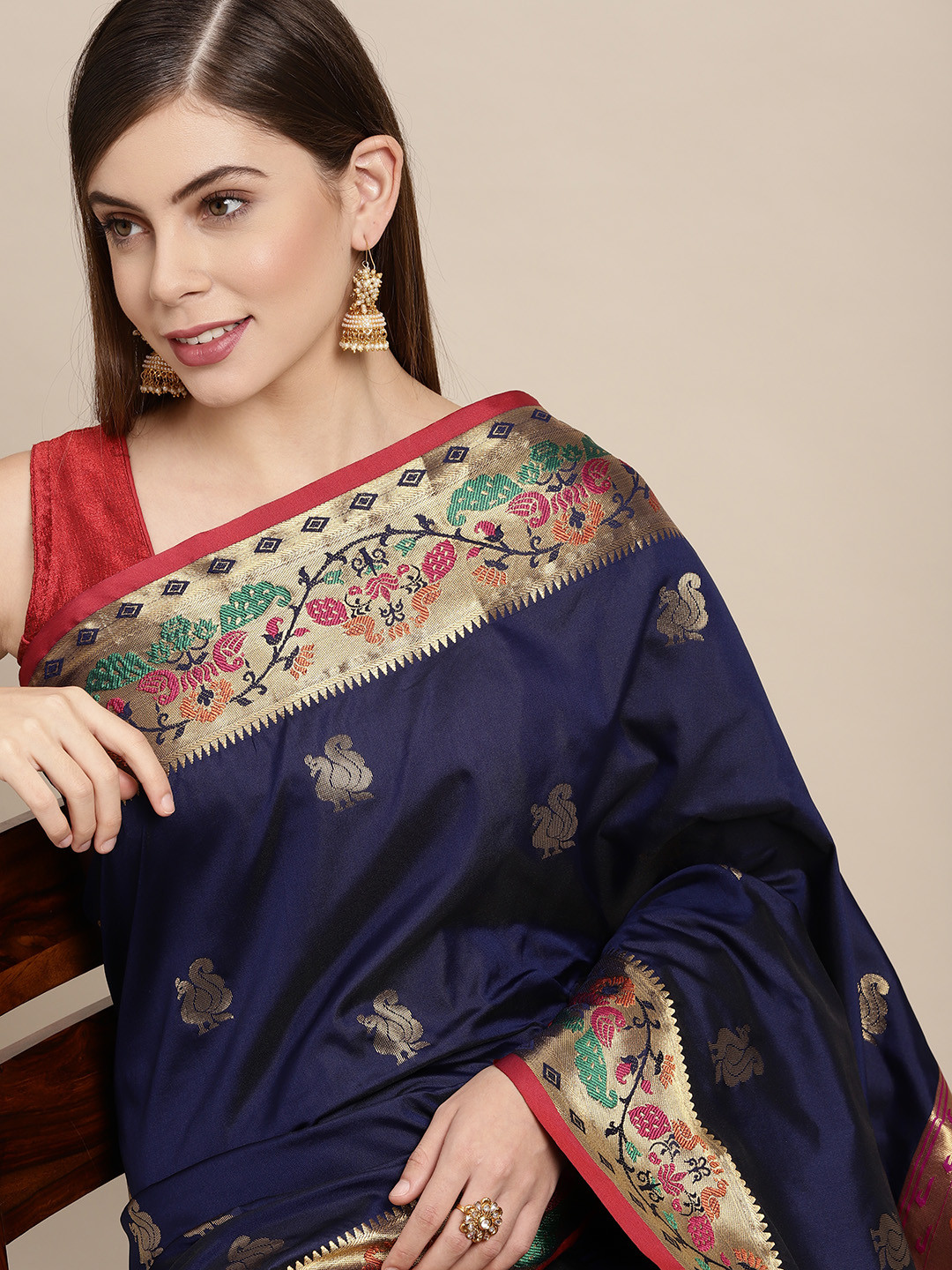 

SANGAM PRINTS Navy Blue Woven Design Zari Pure Silk Saree