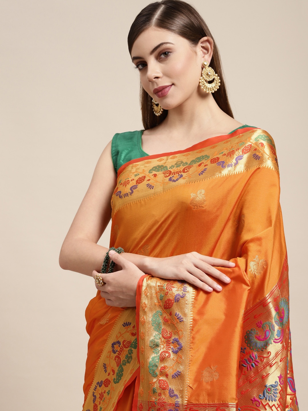 

SANGAM PRINTS Orange Woven Design Pure Silk Saree