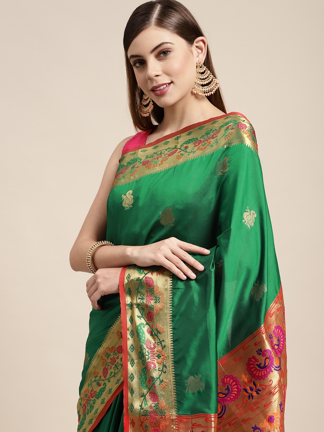 

SANGAM PRINTS Green & Red Woven Design Pure Silk Saree