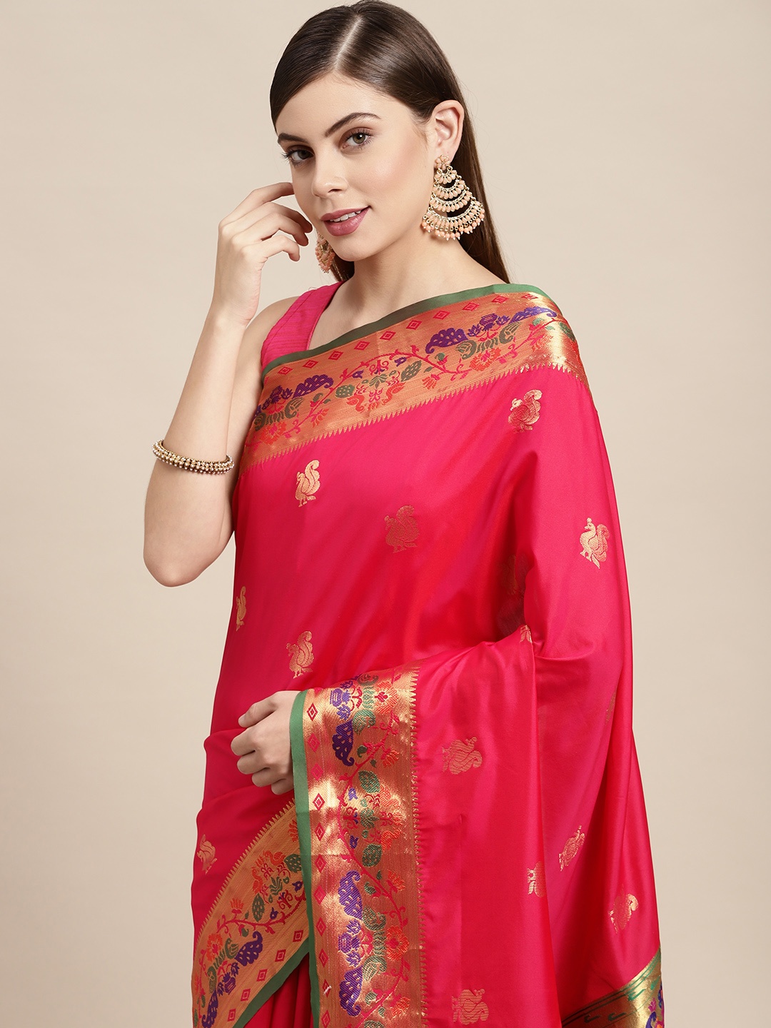 

SANGAM PRINTS Fuchsia Woven Design Pure Silk Saree