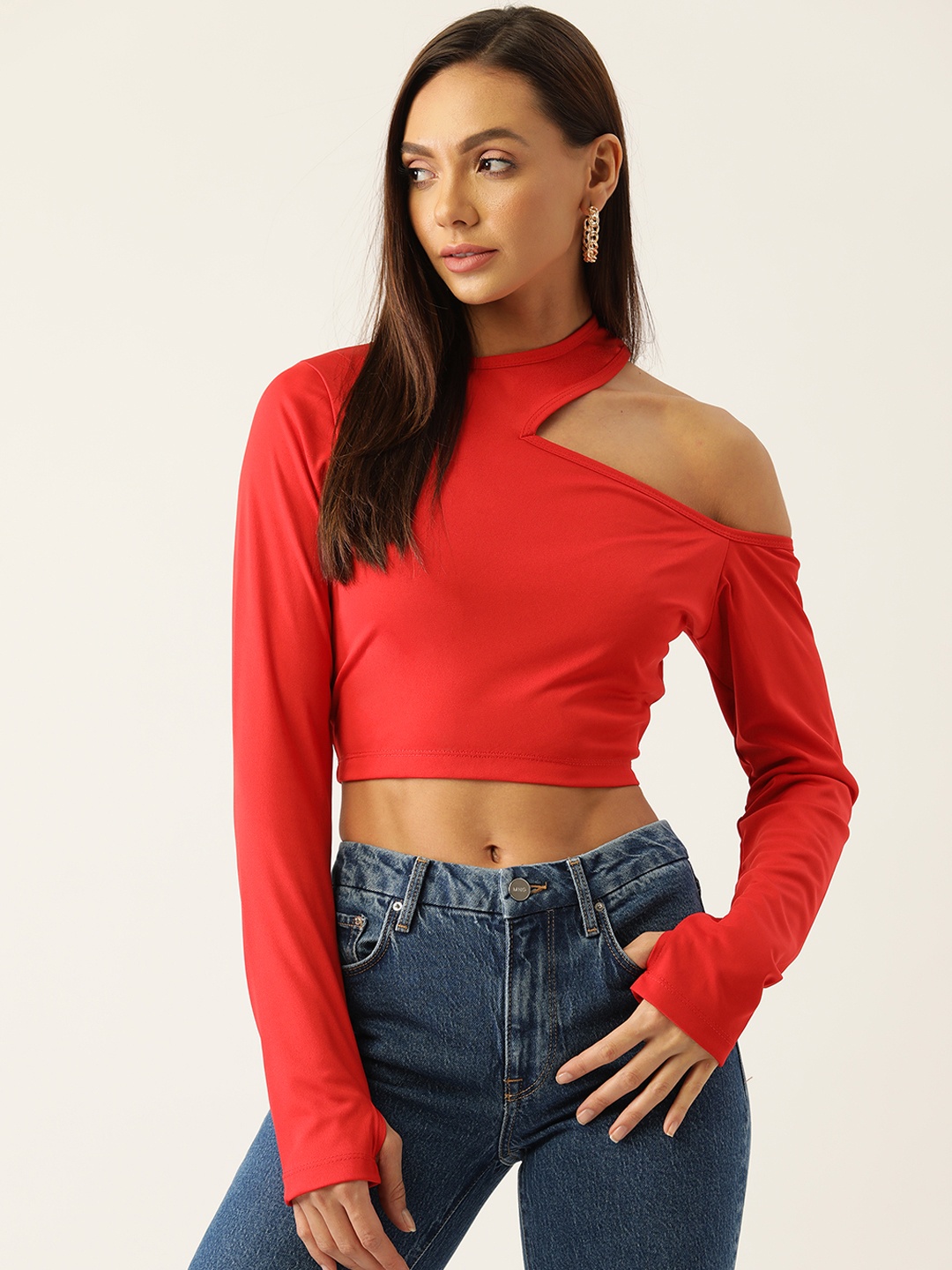 

Aayna Red Solid Cut-Out Fitted Crop Top