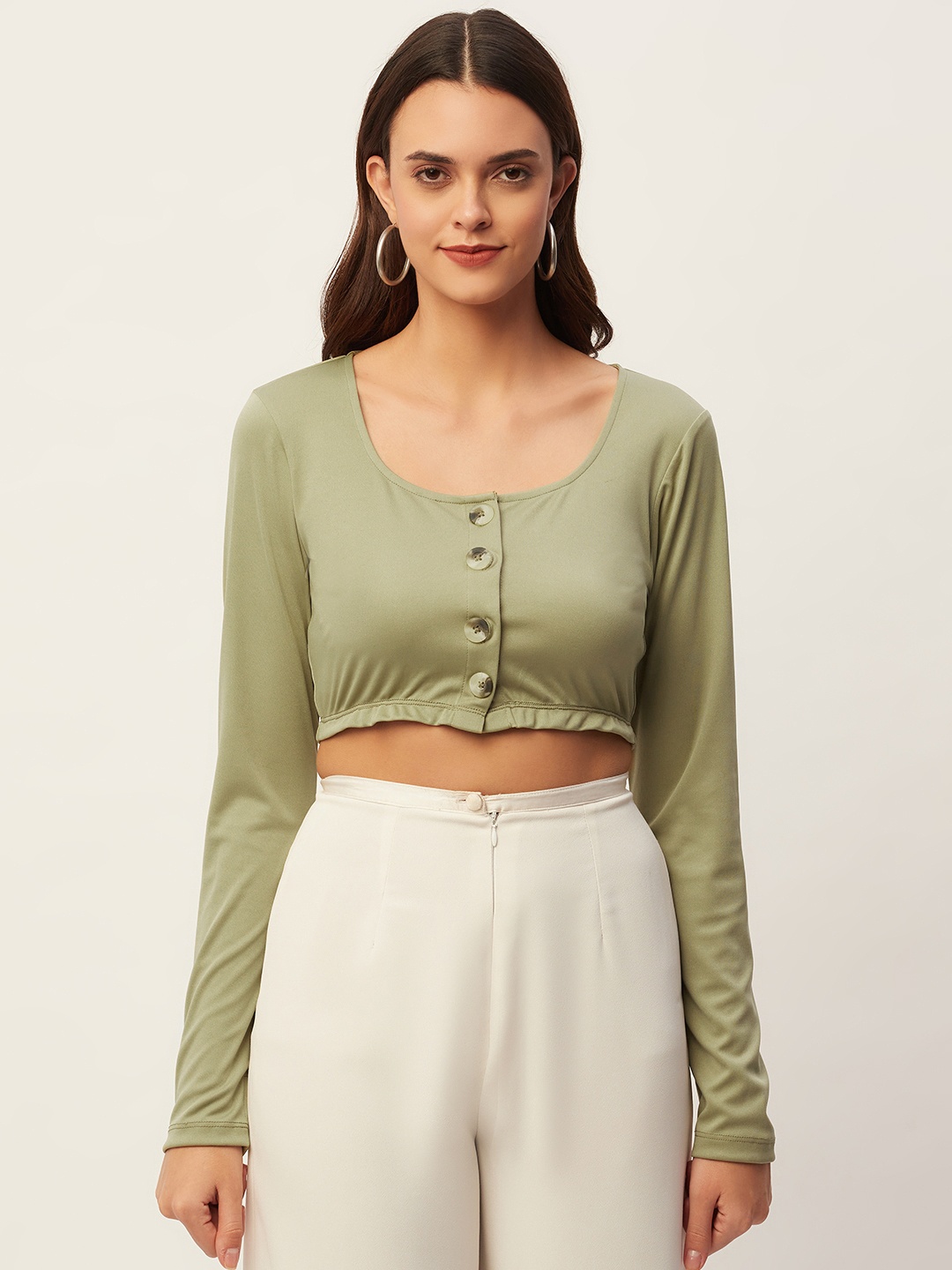 

Aayna Olive Green Blouson Crop Top