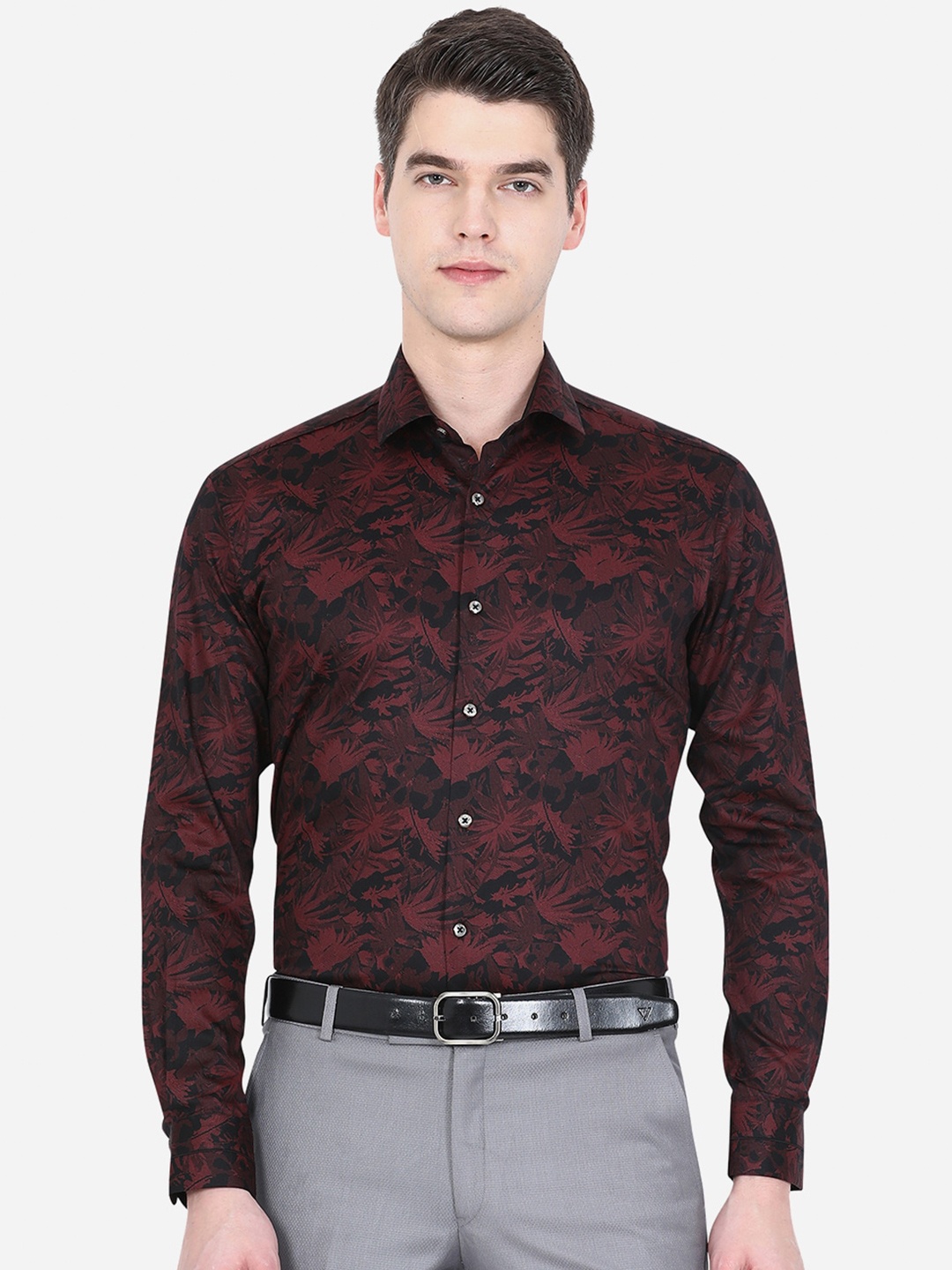 

JB STUDIO Men Maroon Slim Fit Floral Printed Pure Cotton Formal Shirt