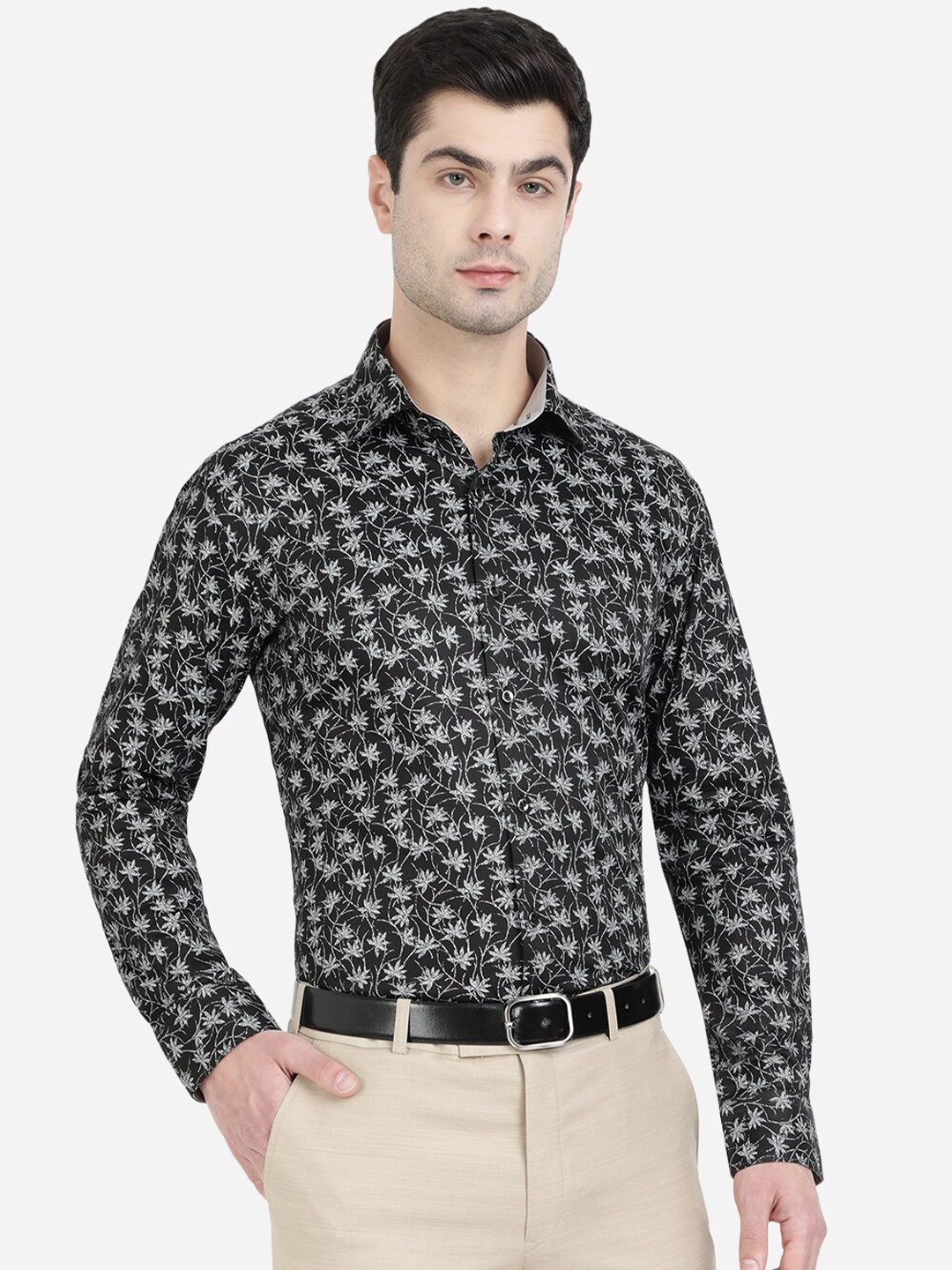 

JB STUDIO Men Black Slim Fit Floral Printed Pure Cotton Formal Shirt