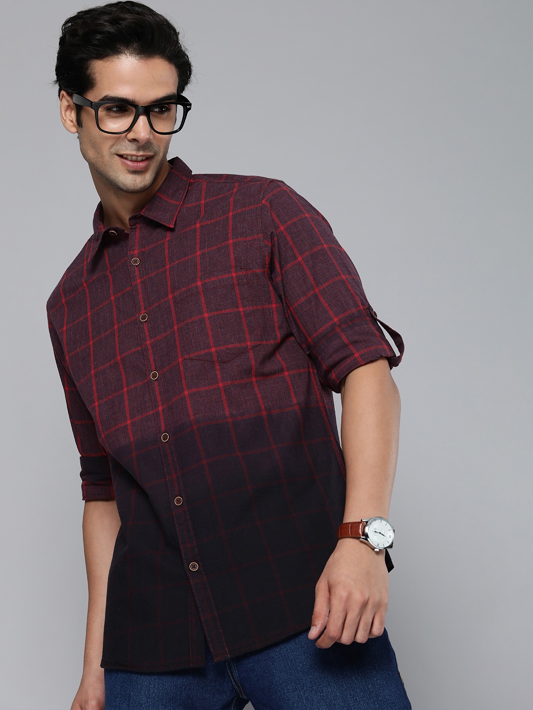 

HERE&NOW Men Maroon Windowpane Checks Checked Casual Pure Cotton Shirt