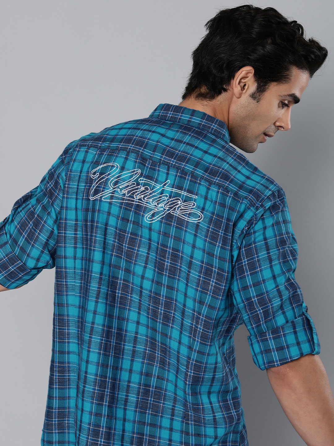 

HERE&NOW Men Blue & White Tartan Checks Checked Casual Pure Cotton Shirt
