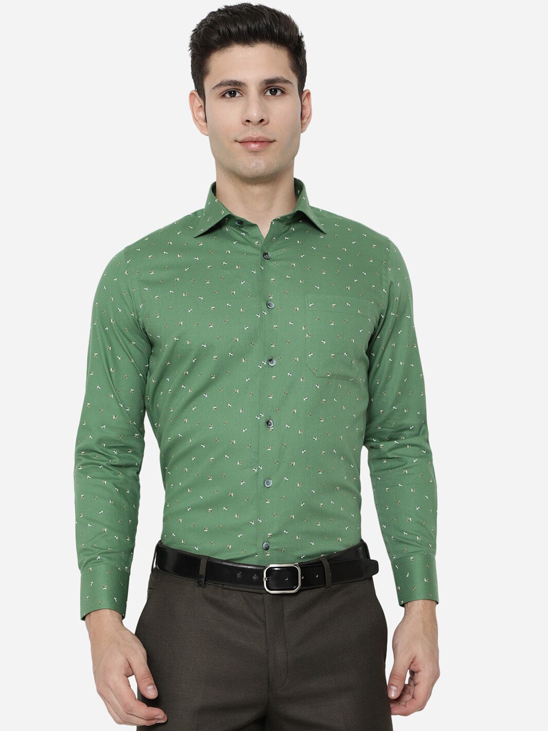 

METAL Men Green Slim Fit Printed Cotton Formal Shirt