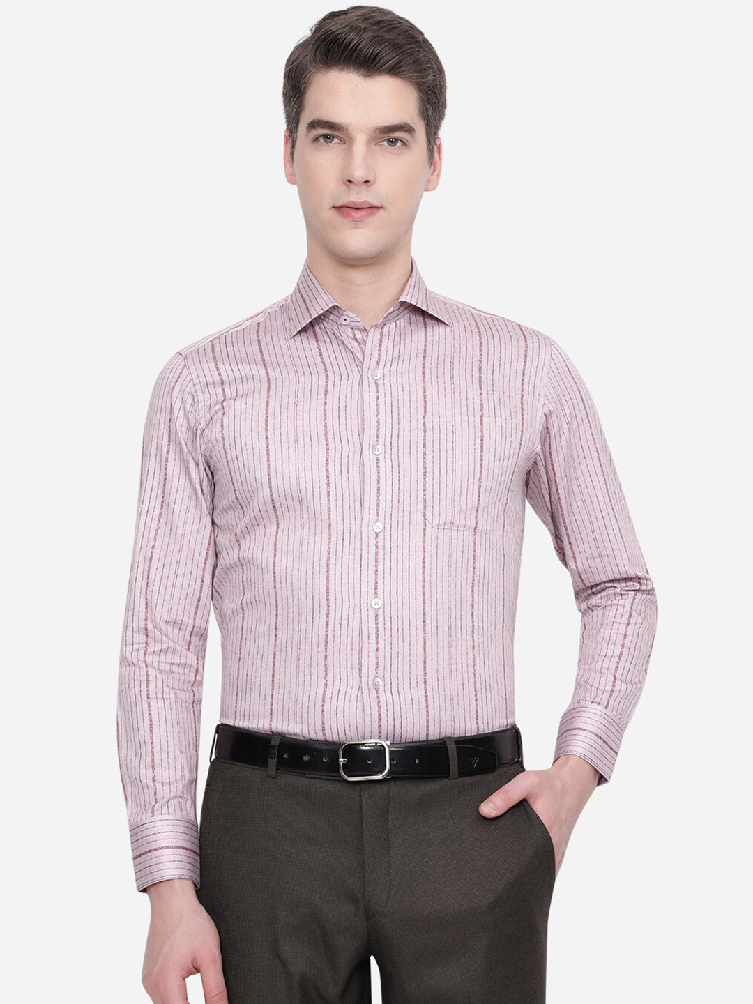 

METAL Men Pink Slim Fit Striped Pure Cotton Formal Shirt