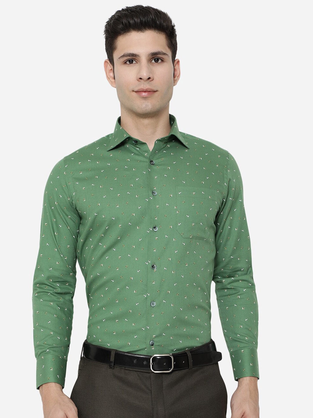 

METAL Men Green Slim Fit Printed Cotton Formal Shirt