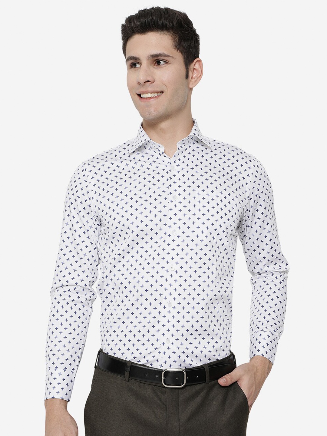 

METAL Men White Slim Fit Cotton Printed Formal Shirt