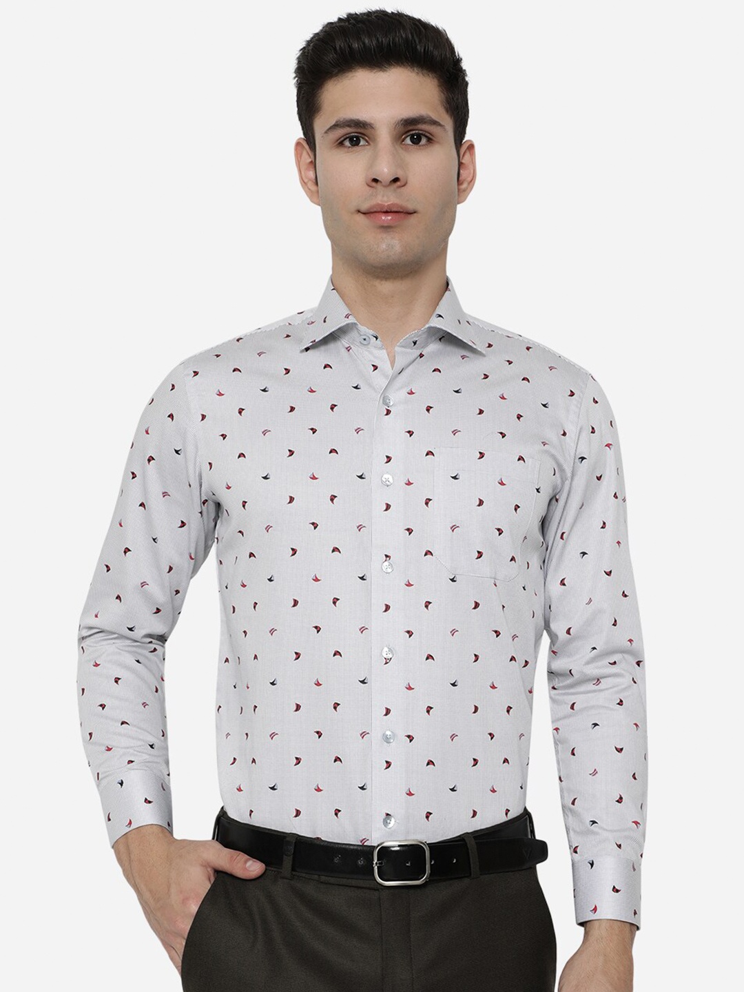 

METAL Men Grey Slim Fit Printed Cotton Formal Shirt
