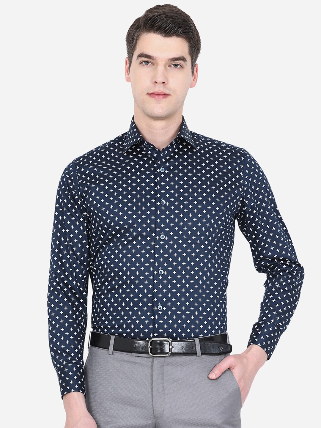 

METAL Men Blue Slim Fit Printed Cotton Formal Shirt