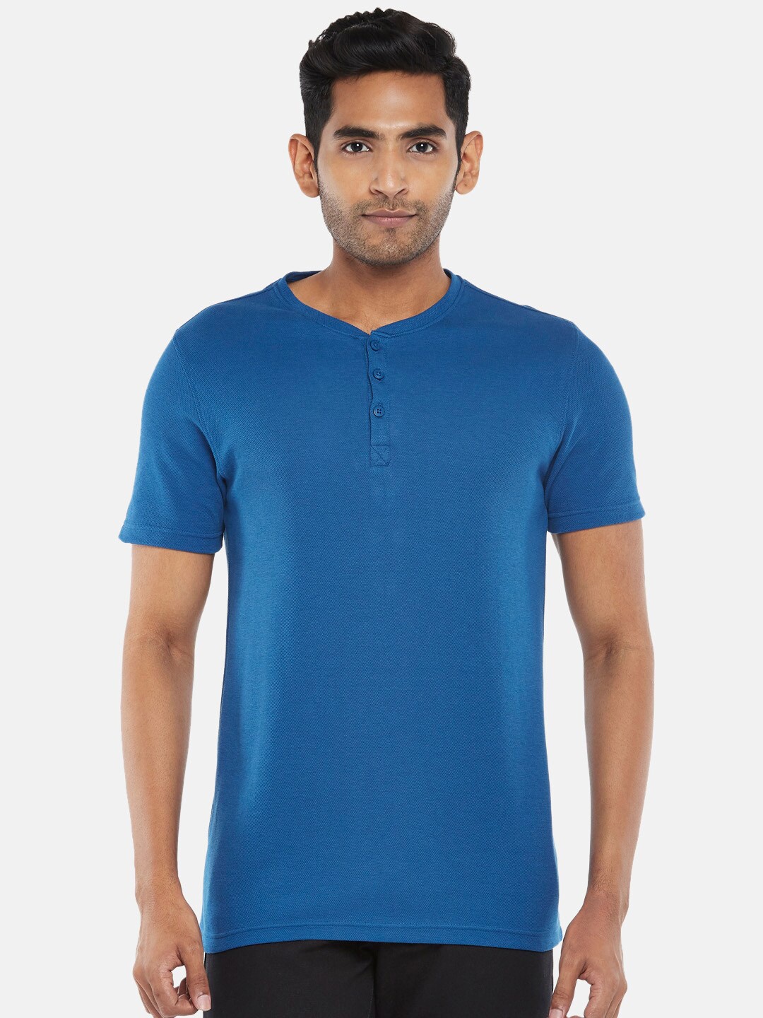 

BYFORD by Pantaloons Men Blue Henley Neck Slim Fit Cotton T-shirt