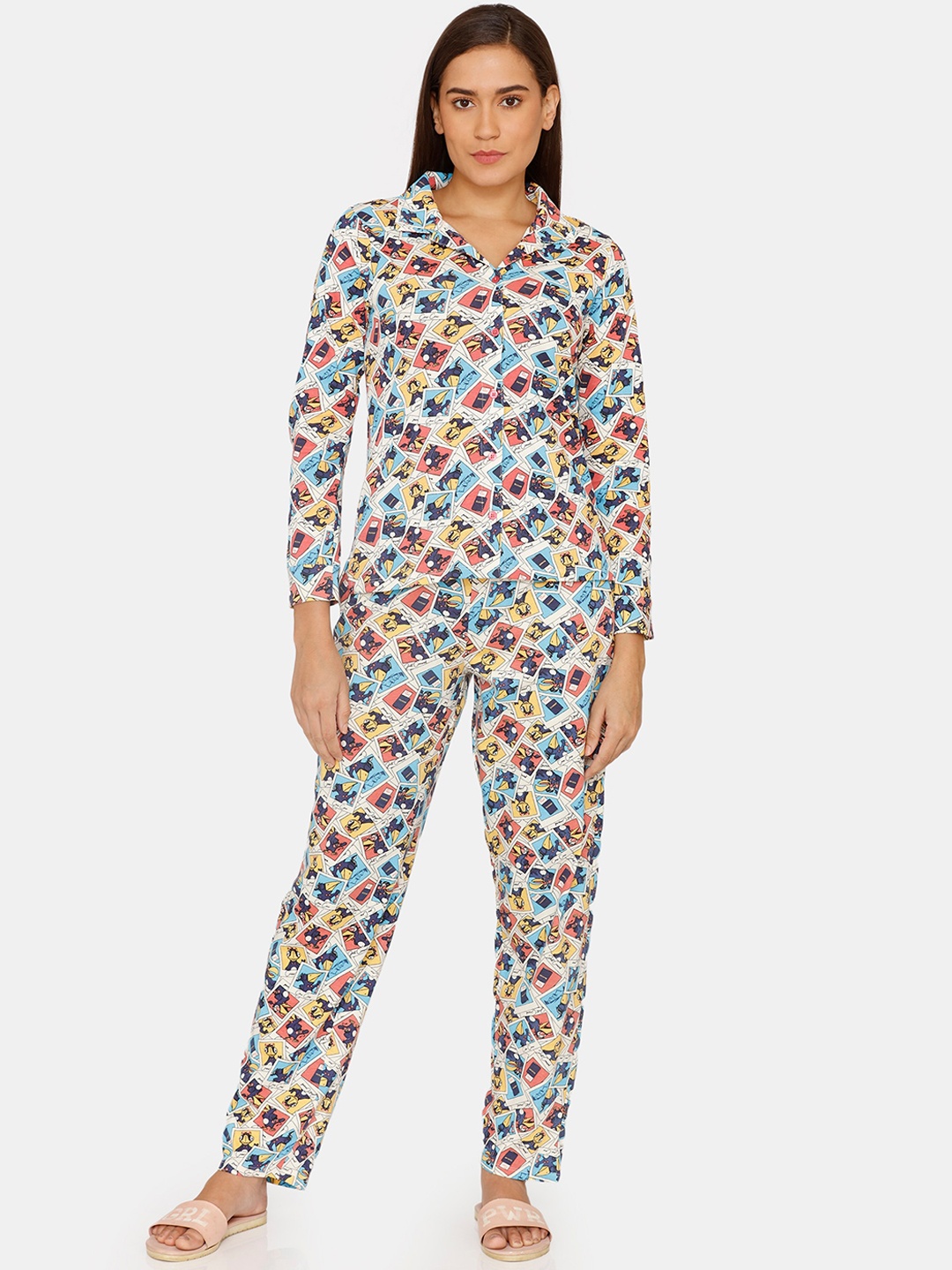 

Zivame Women Blue & Red Printed Night suit 100% Cotton