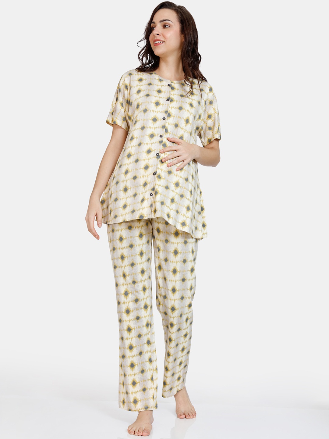 

Zivame Women Green & White Printed Night suit