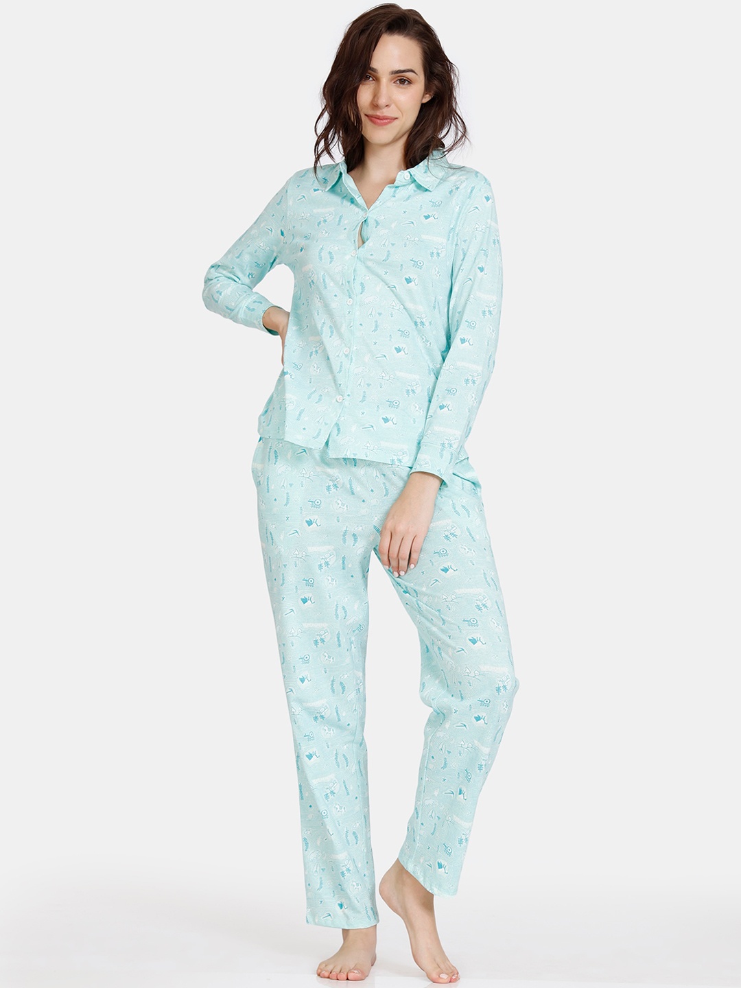 

Zivame Women Turquoise Blue Printed Night suit