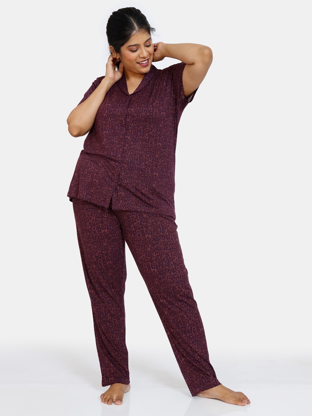 

Zivame Women Purple & Pink Printed Night suit