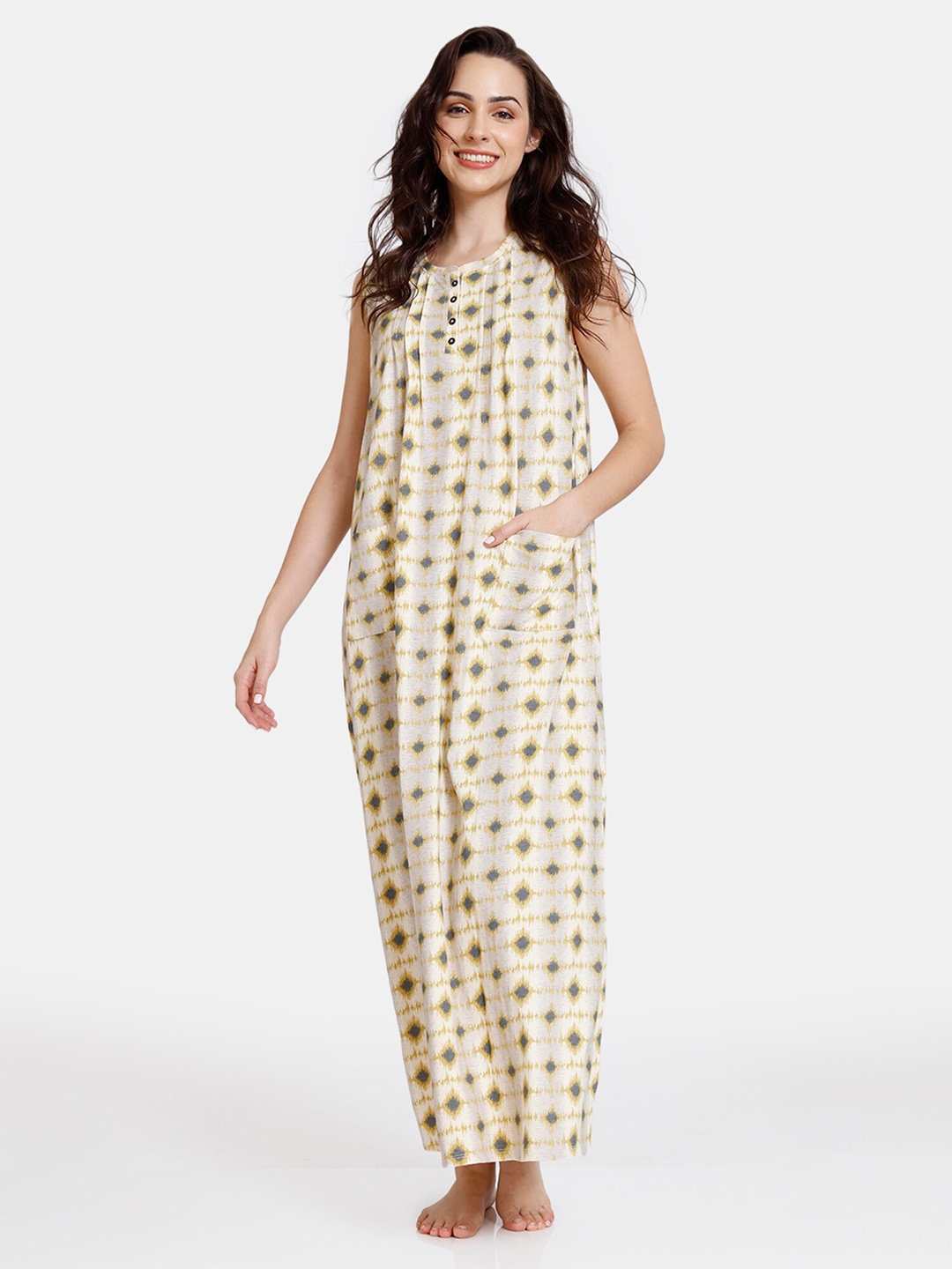 

Zivame Women White Printed Cotton Maxi Nightdress
