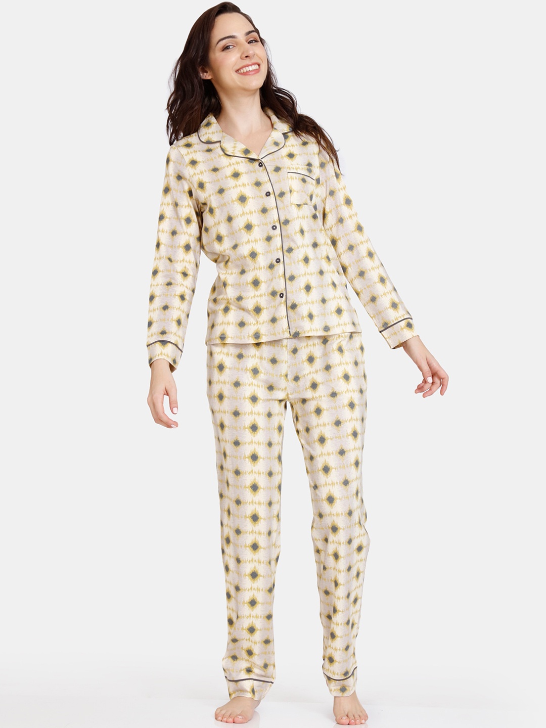 

Zivame Women Yellow & Blue Printed Pure Cotton Night Suit