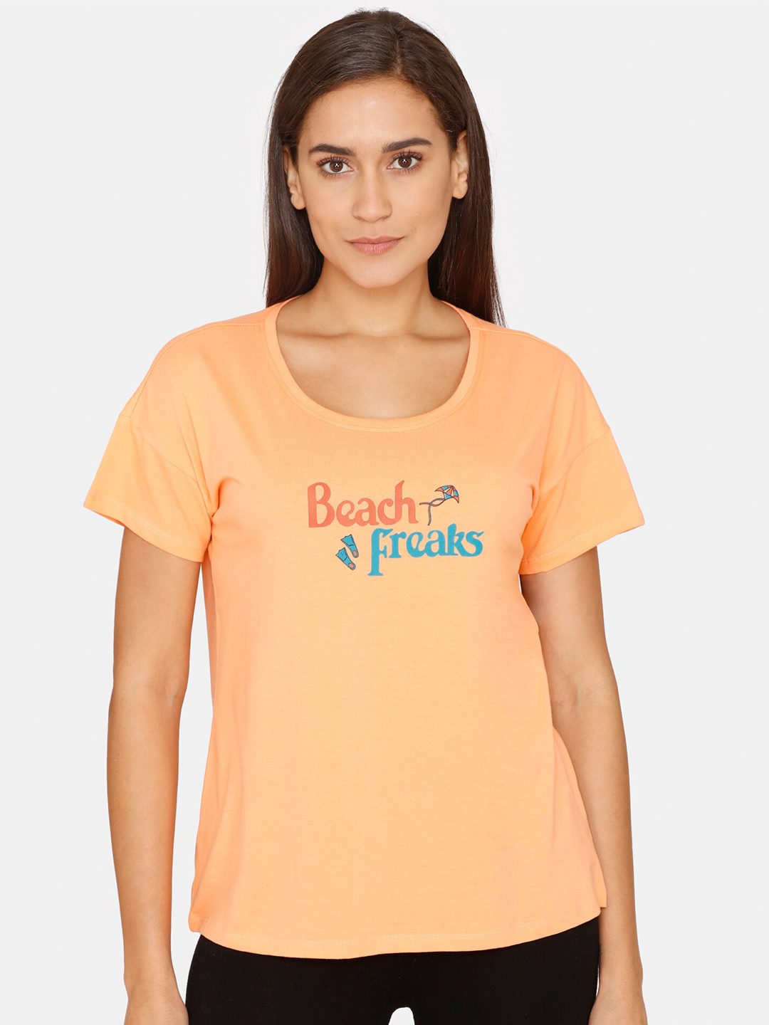 

Zivame Women Peach-Coloured & Blue Printed Pure Cotton Round Neck Regular Top