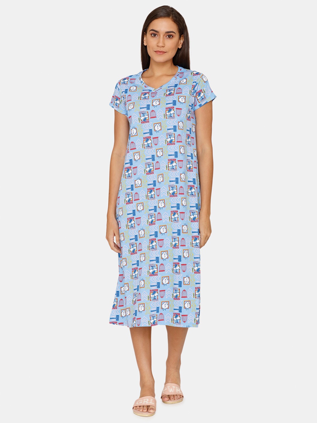 

Zivame Blue Printed Pure Cotton Nightdress