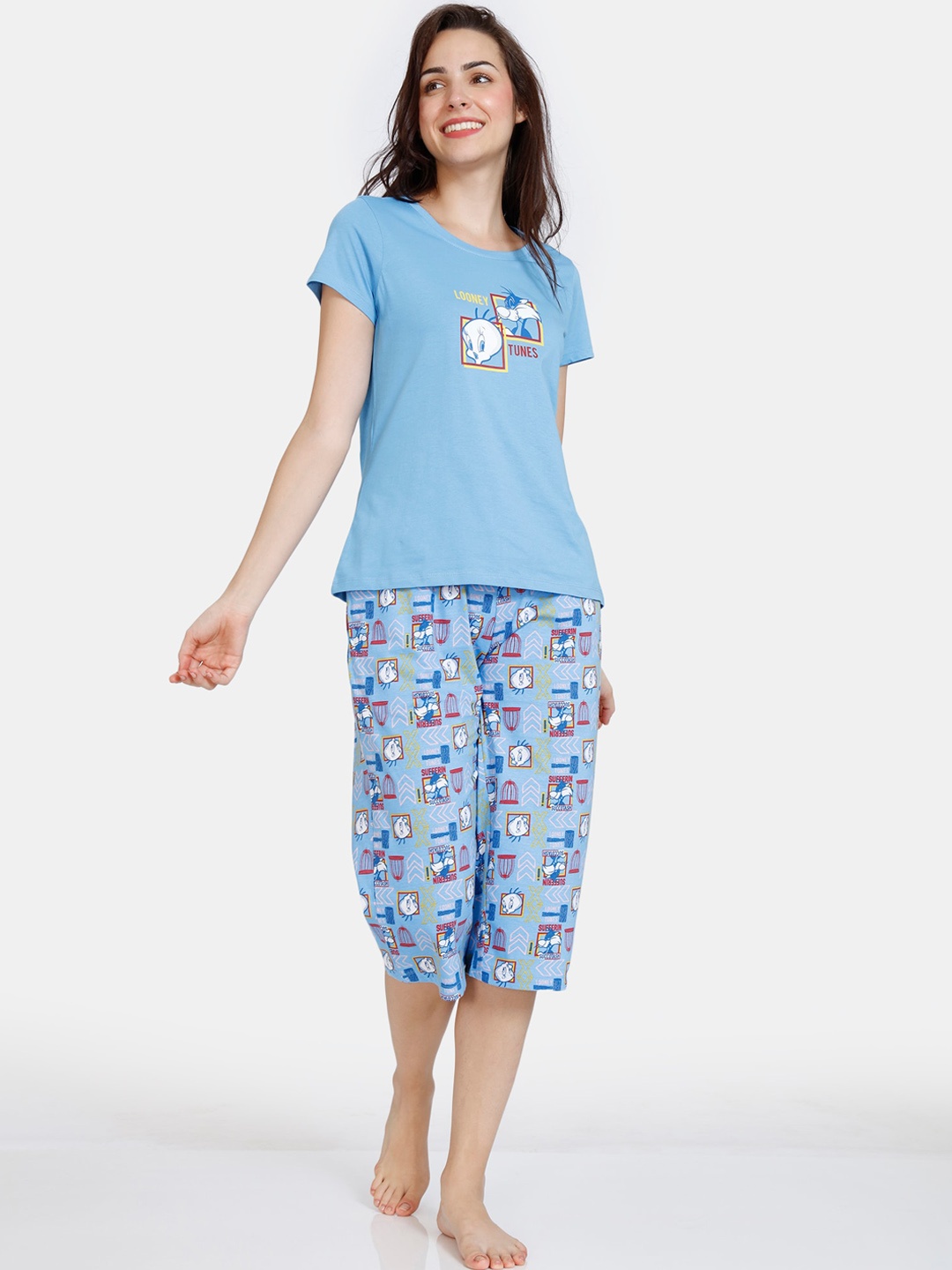 

Zivame Women Blue & White Printed Pure Cotton Night Suit