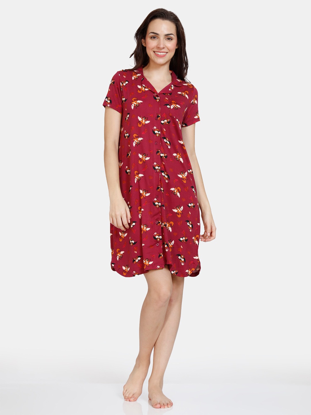 

Zivame Red Printed Shirt Style Nightdress